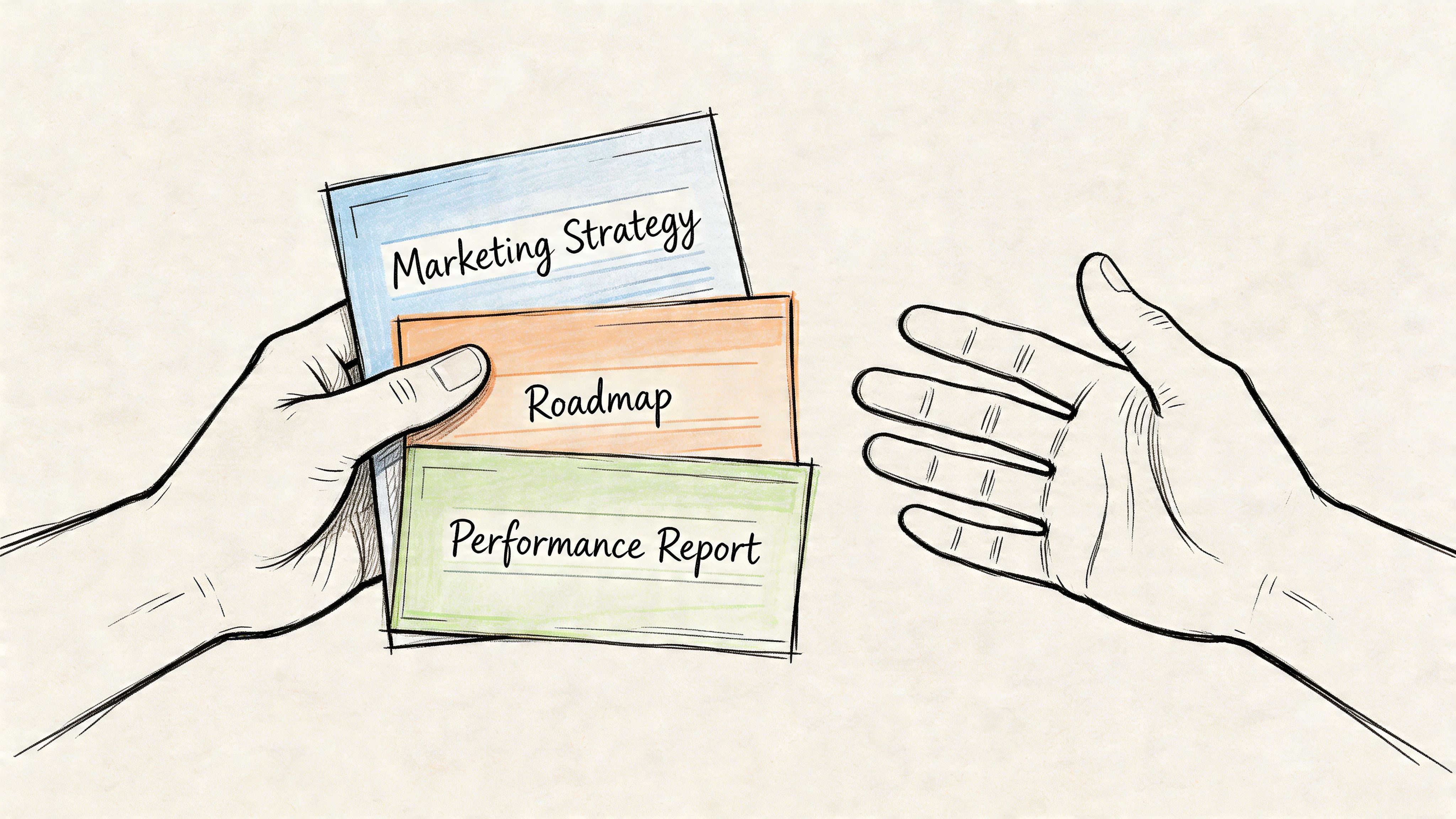 A hand offering three documents labeled Marketing Strategy, Roadmap, and Performance Report to another hand.