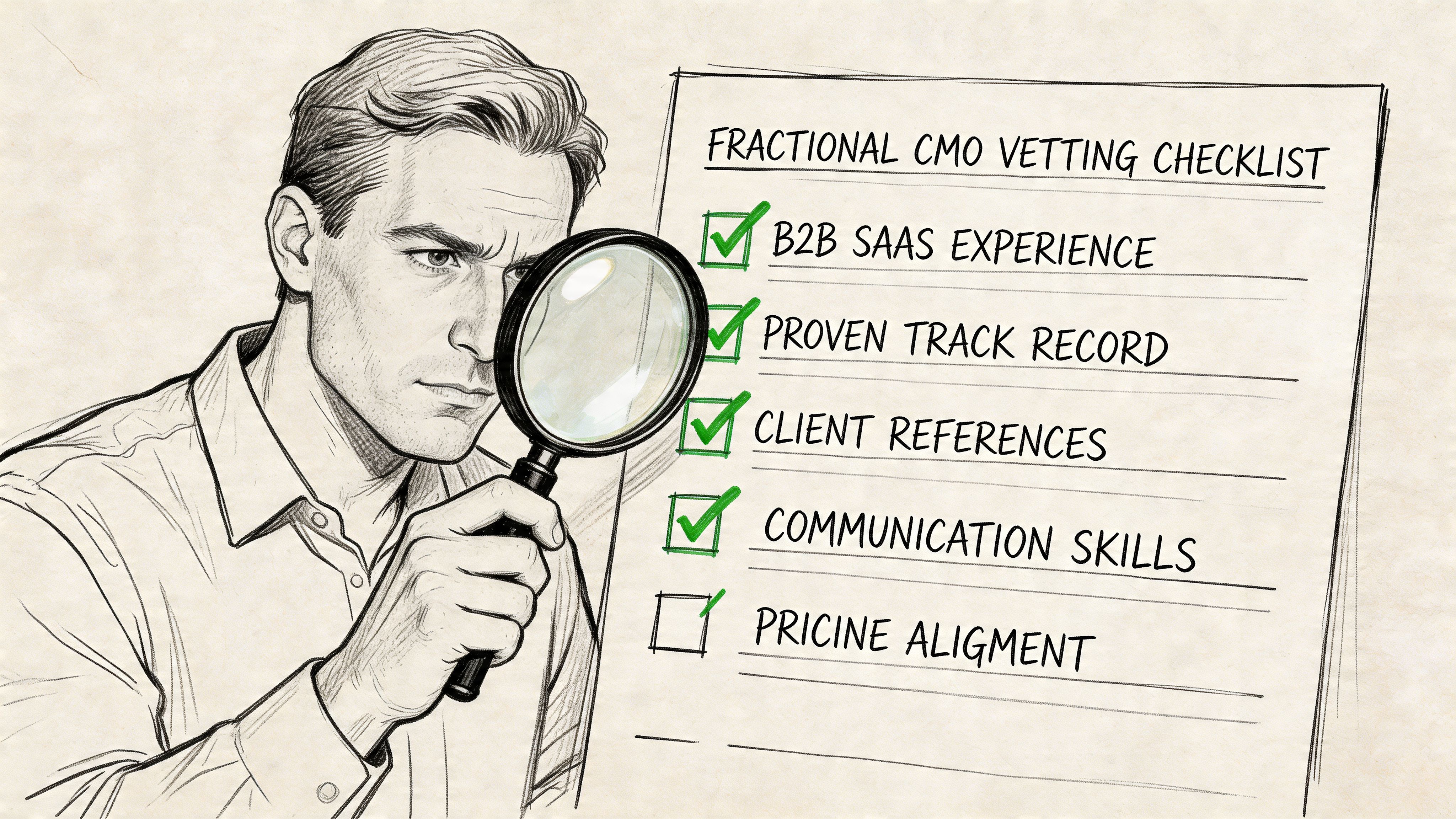 A man looking through a magnifying glass at a checklist for vetting a fractional CMO.
