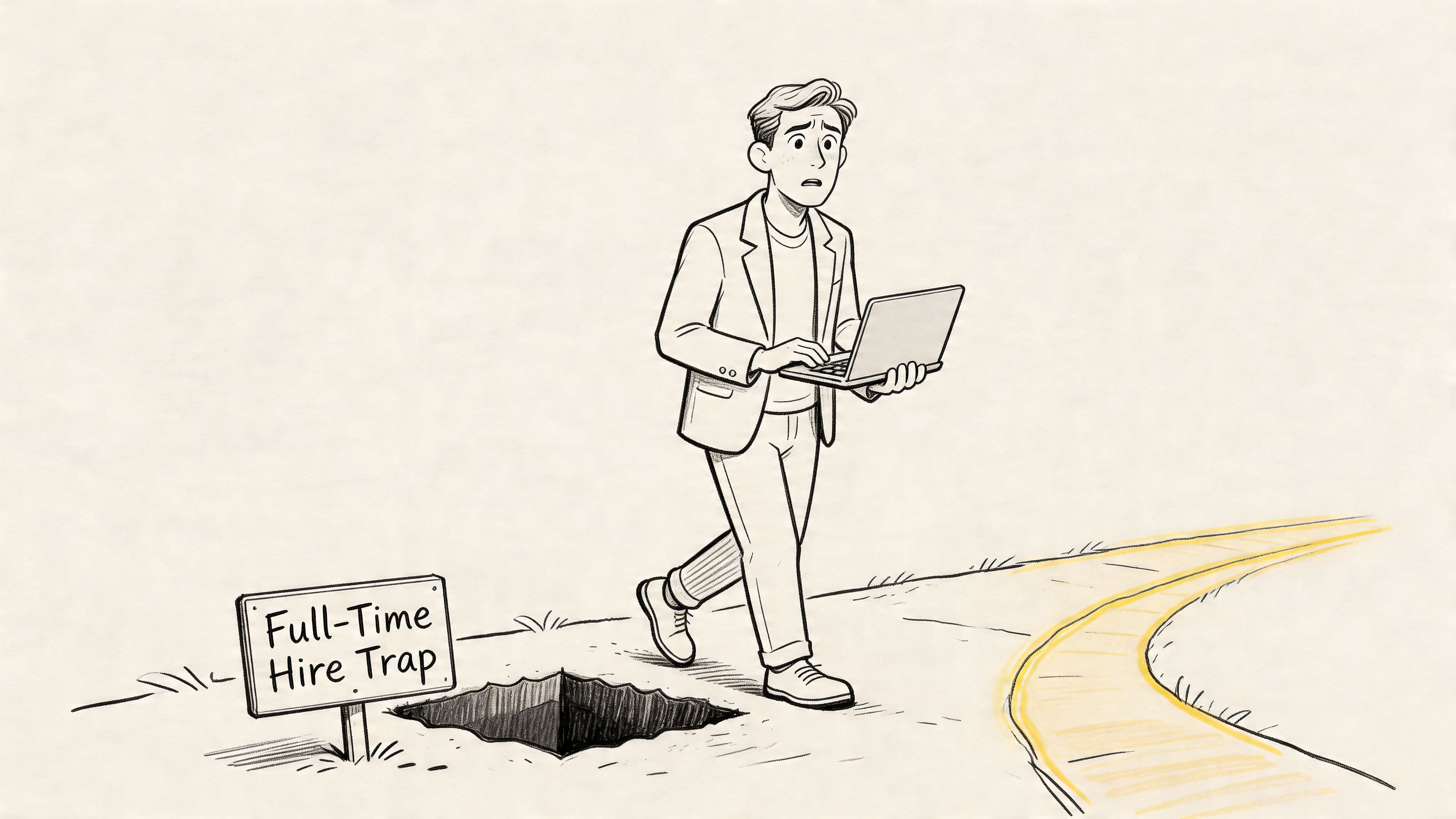 A worried man with a laptop walking towards a pit trap labeled Full-Time Hire Trap.