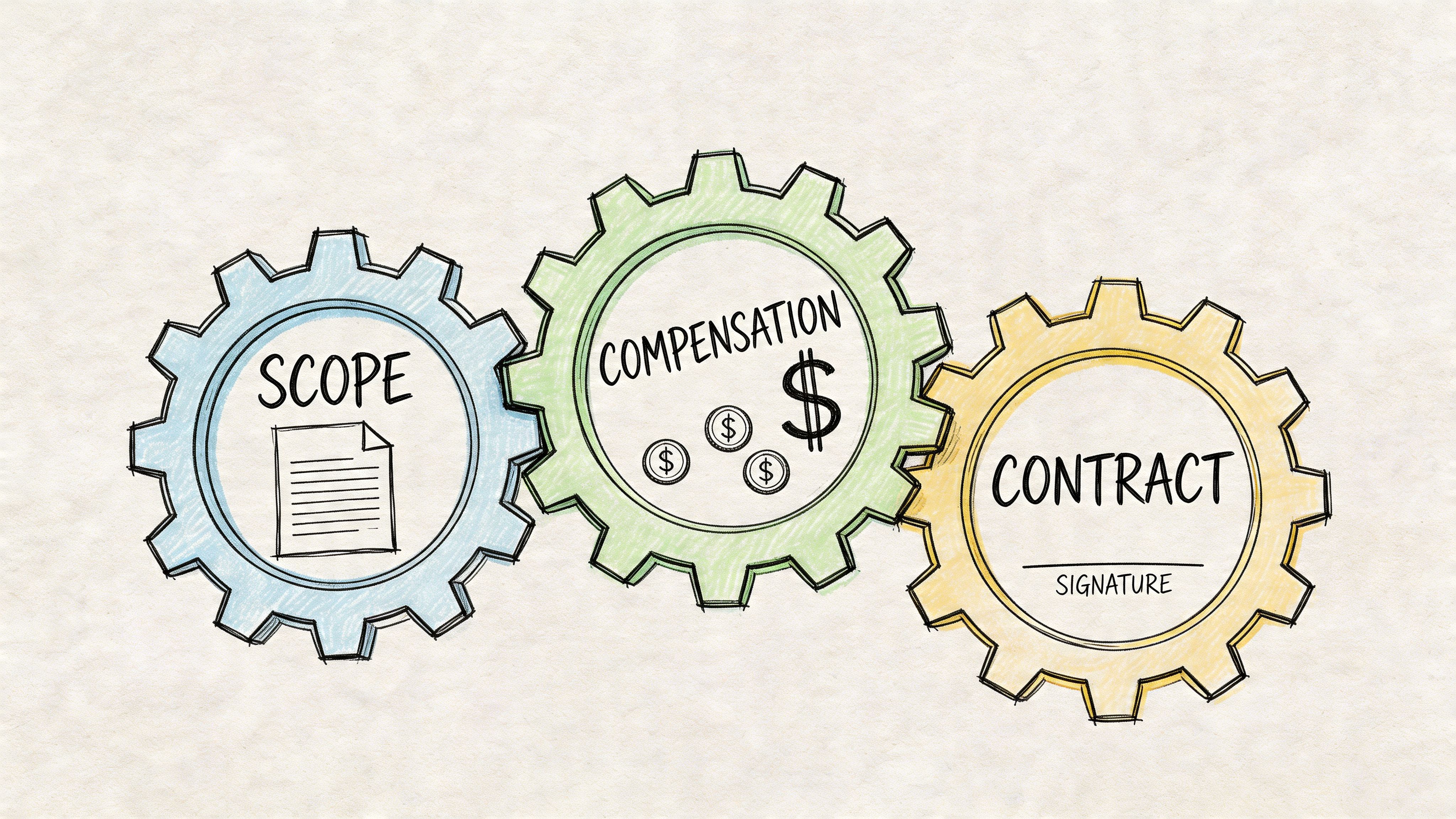 A hand-drawn illustration showing three colorful interlocking gears representing business scope, compensation, and contract signature.