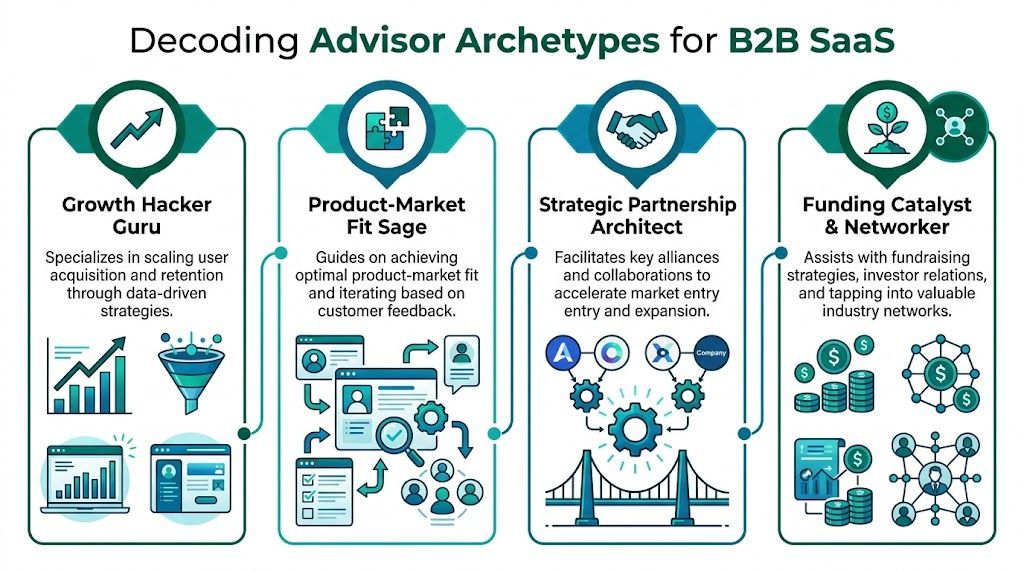 A diagram illustrating four different B2B SaaS advisor archetypes: Growth Hacker, Product-Market Fit Sage, Strategic Partnership Architect, and Funding Catalyst.