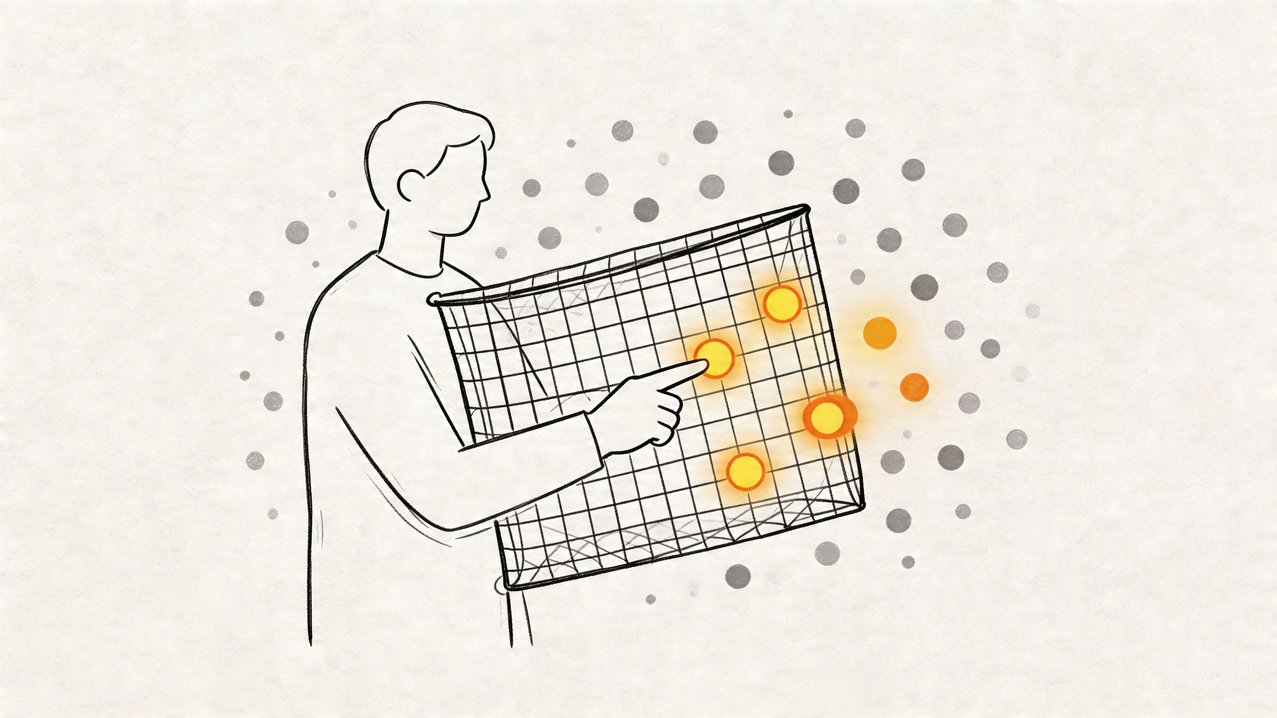An illustration of a business advisor interacting with a digital grid of glowing data points.