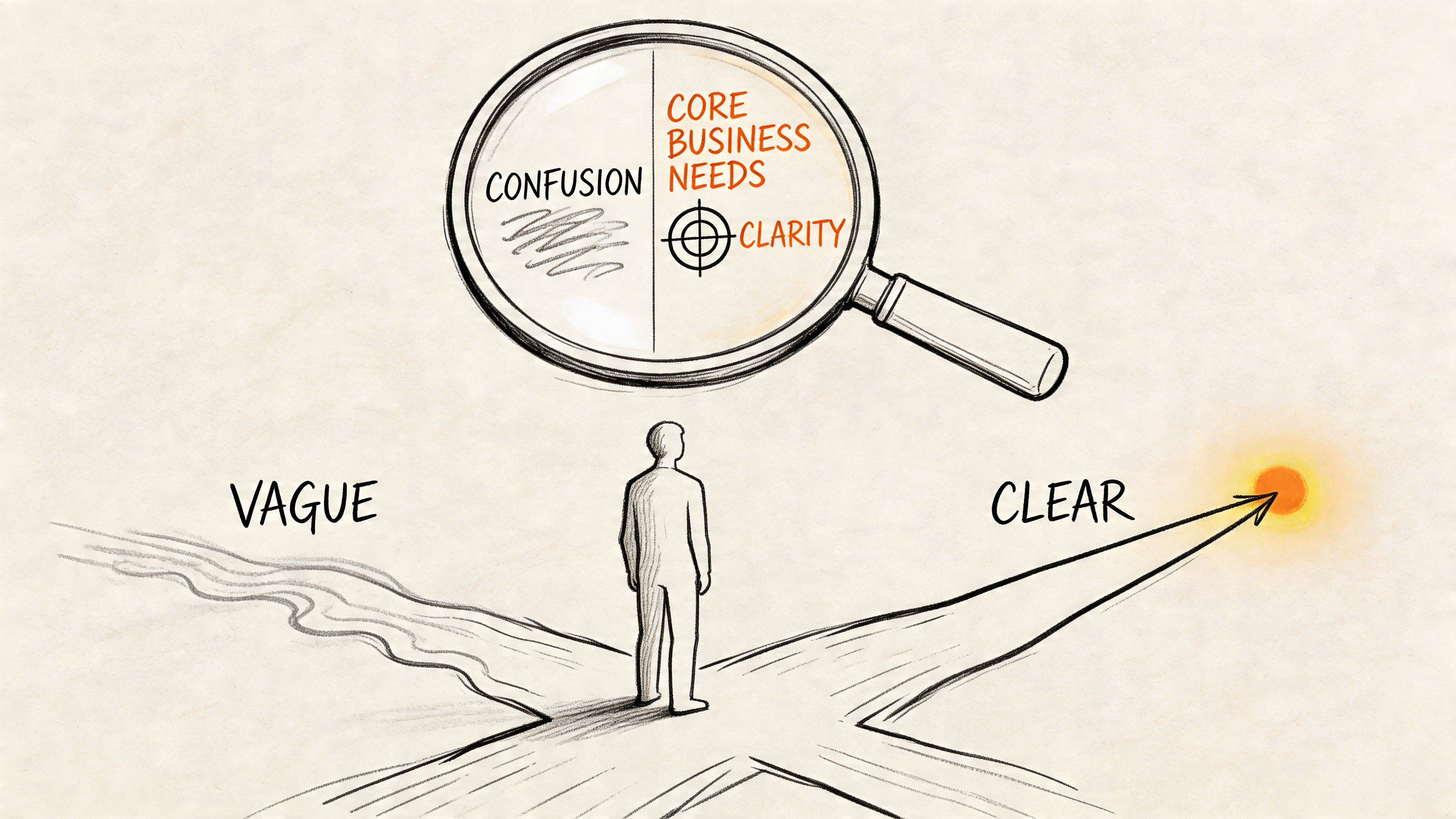A conceptual illustration showing a person choosing between a vague path and a clear business path.