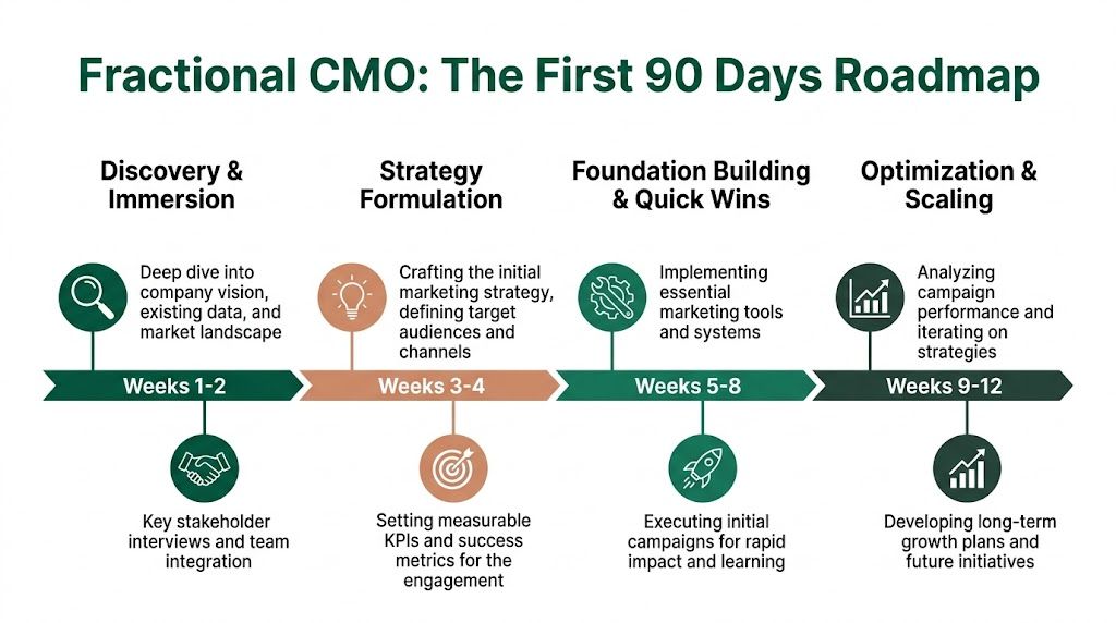 A roadmap infographic for a fractional CMO outlining a 90-day plan from strategy to scaling.