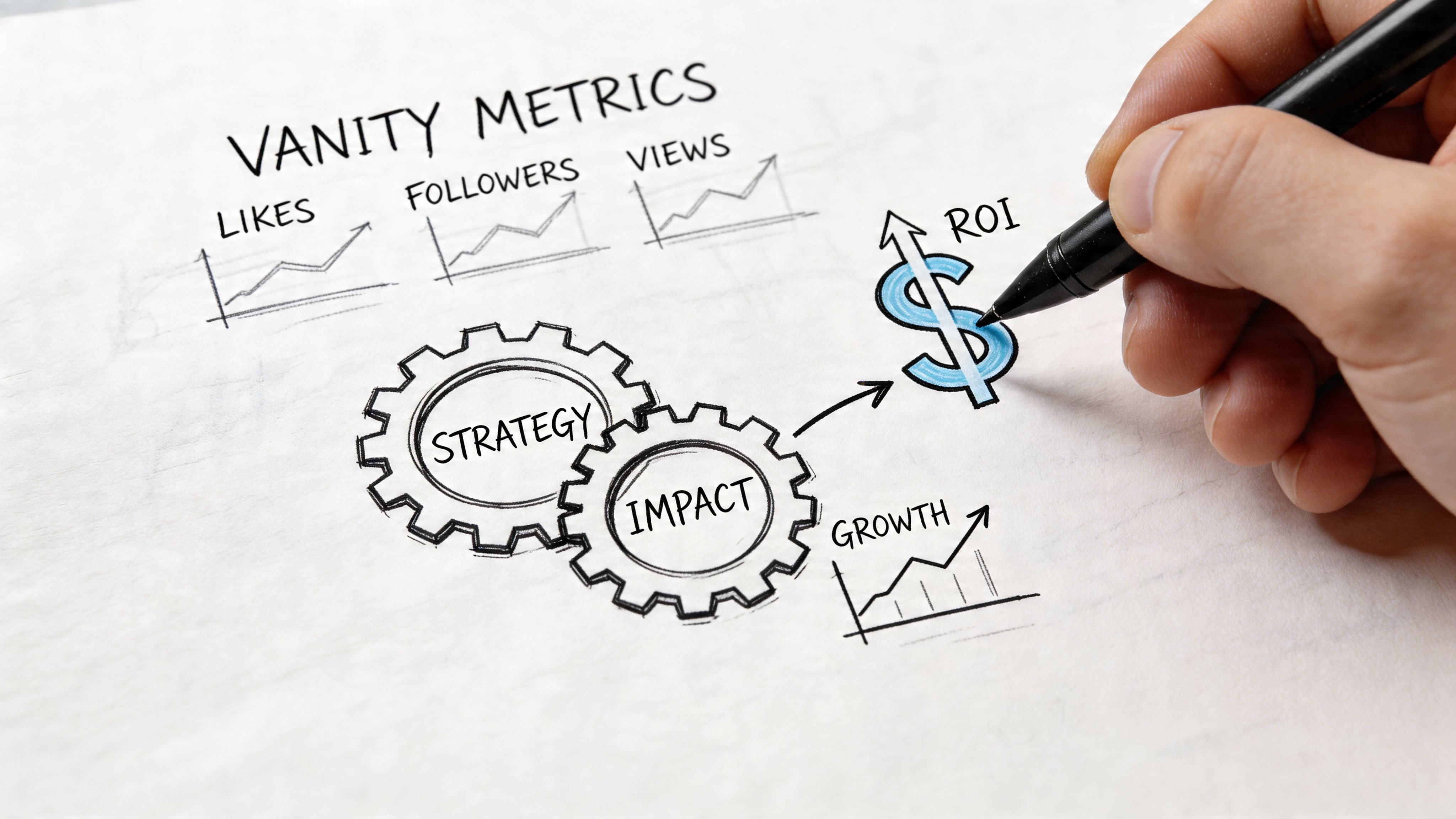 A hand drawing a conceptual chart illustrating the transition from vanity metrics to business strategy and ROI.