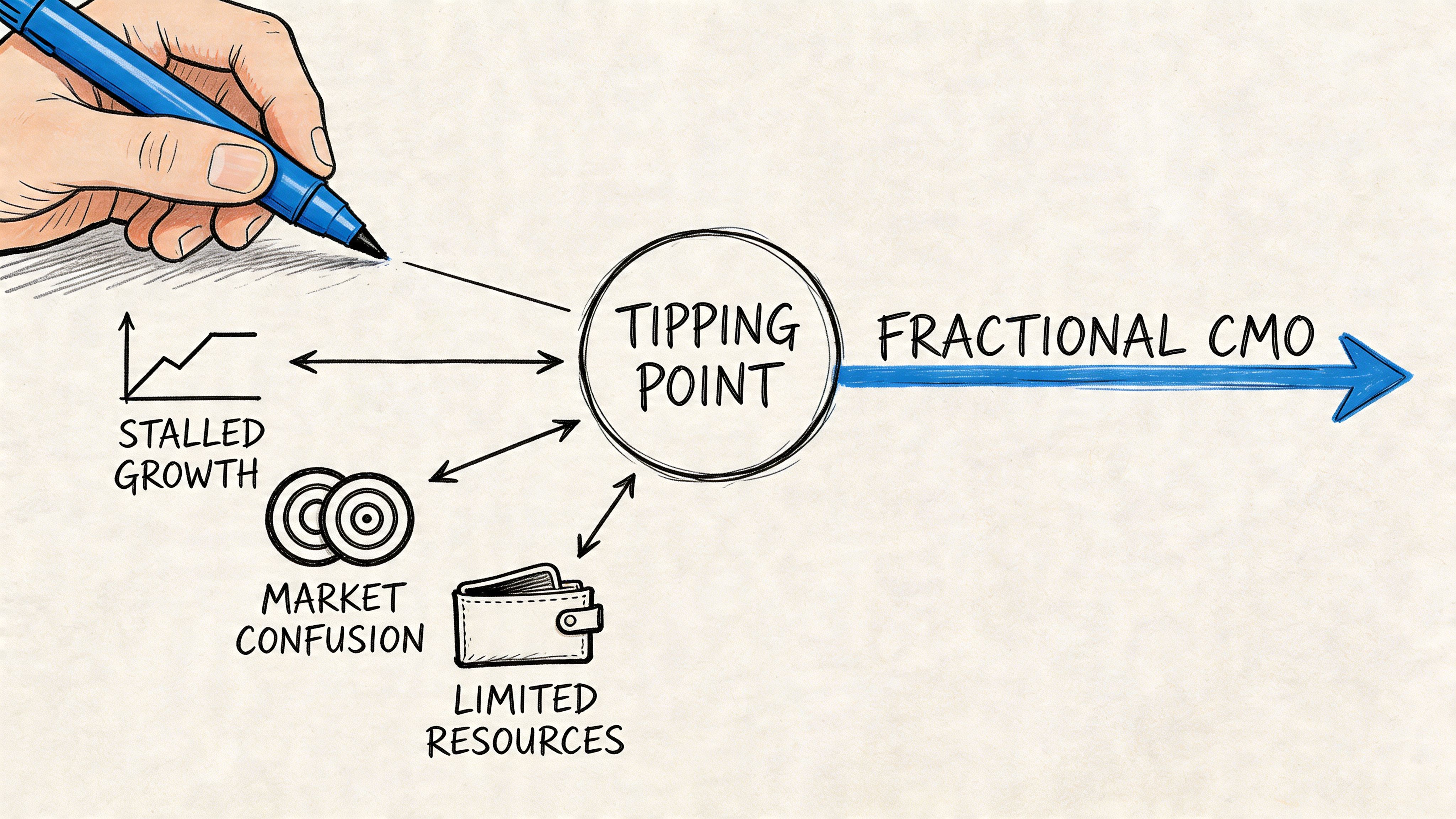 A conceptual drawing showing the tipping point for businesses leading to hiring a fractional CMO.