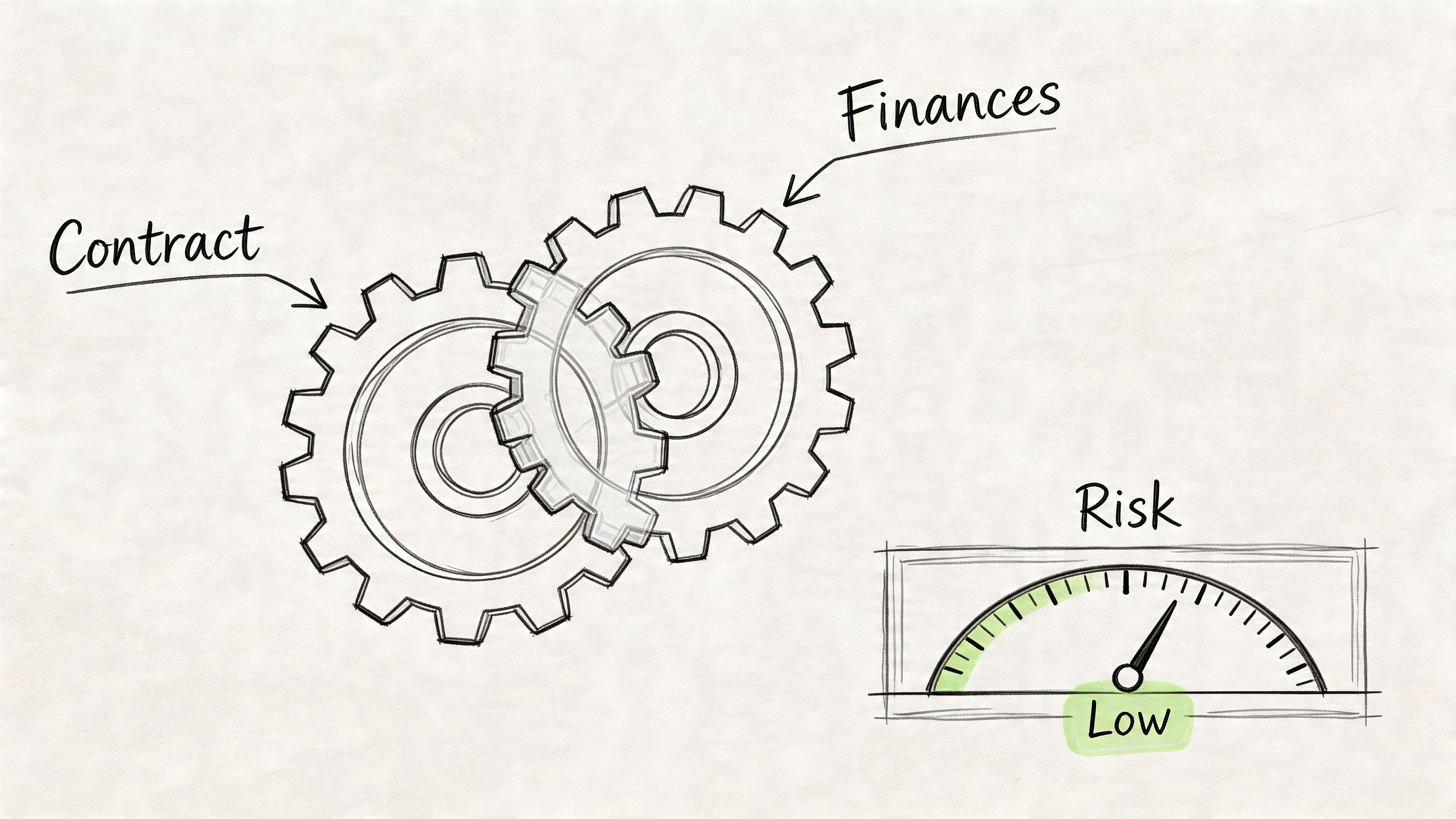 A conceptual sketch showing gears representing a contract and finances leading to a low risk indicator.