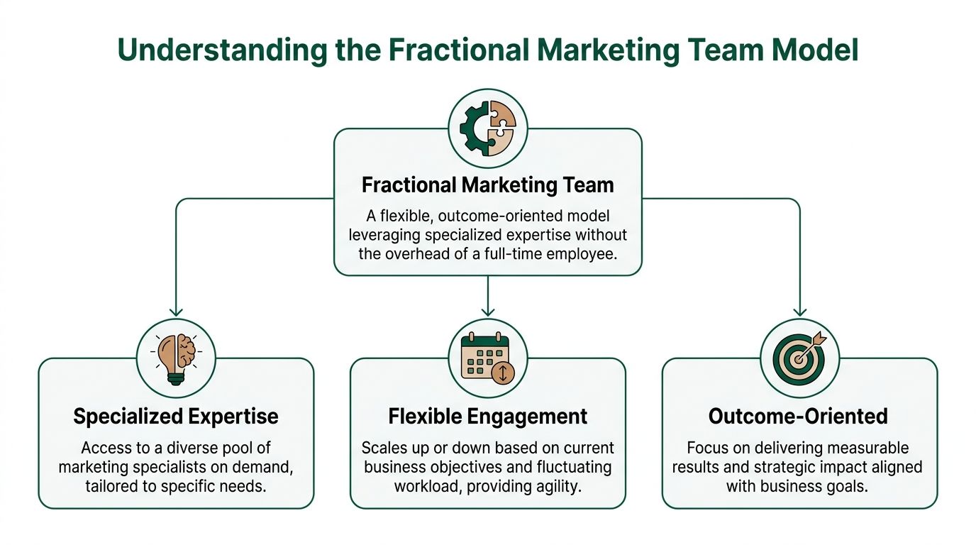 A diagram explaining the fractional marketing team model with its core benefits of specialized expertise, flexibility, and outcomes.