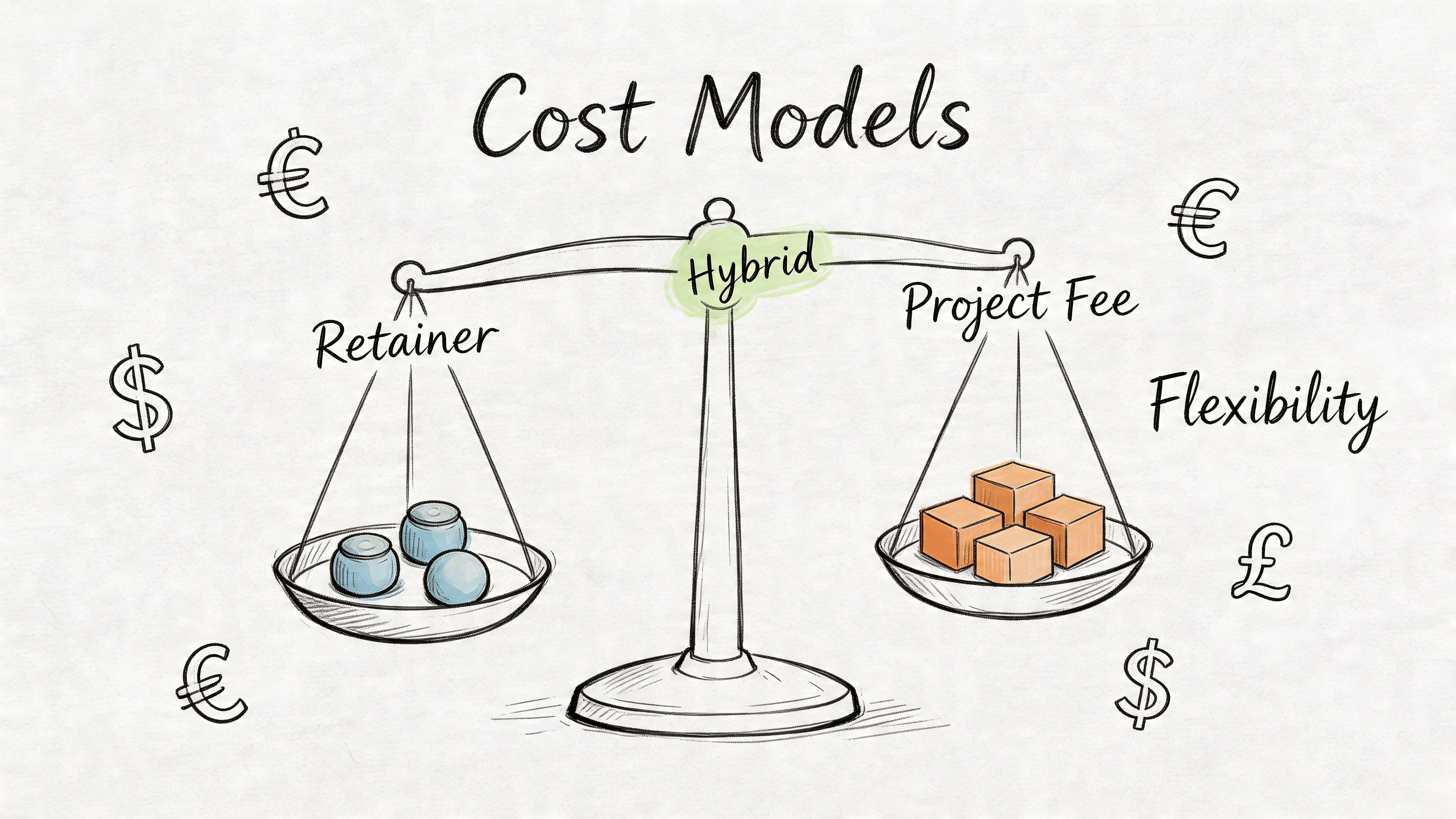 A hand-drawn illustration showing a balance scale weighing Retainer, Hybrid, and Project Fee cost models.