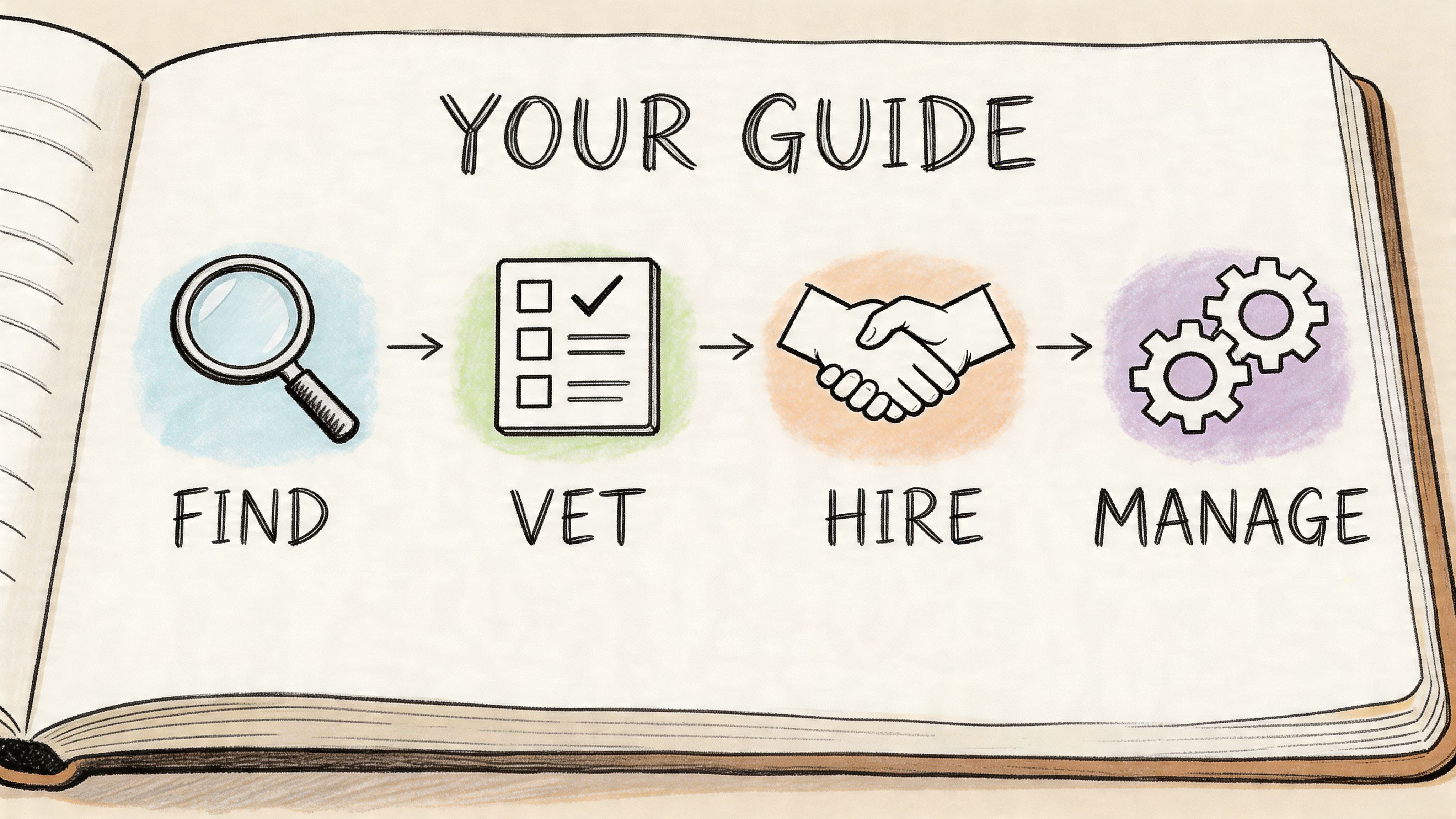 A hand-drawn illustration depicting a four-step hiring process: find, vet, hire, and manage, displayed in a notebook.