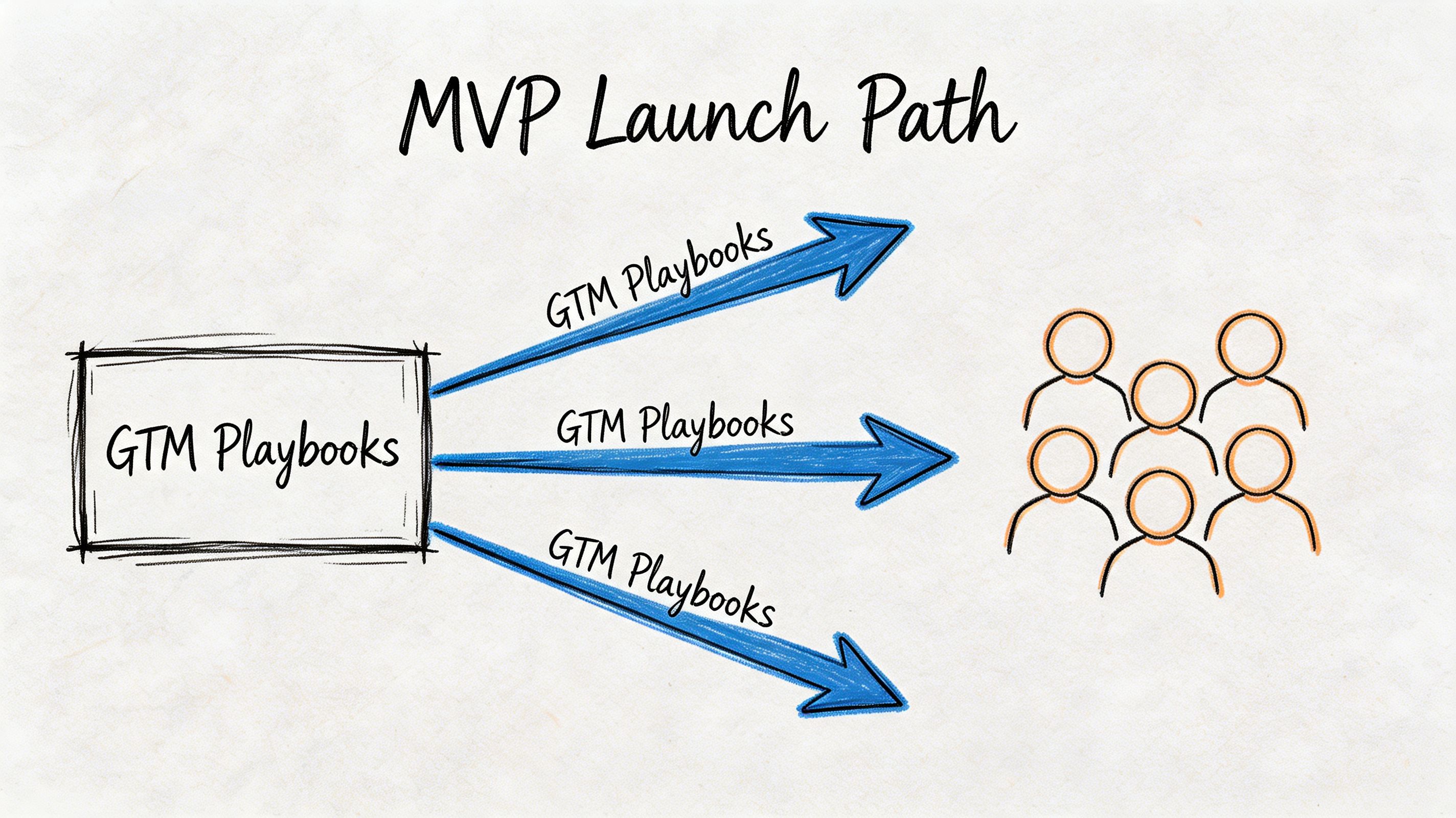 A hand-drawn diagram titled MVP Launch Path showing GTM Playbooks directed toward a group of people.