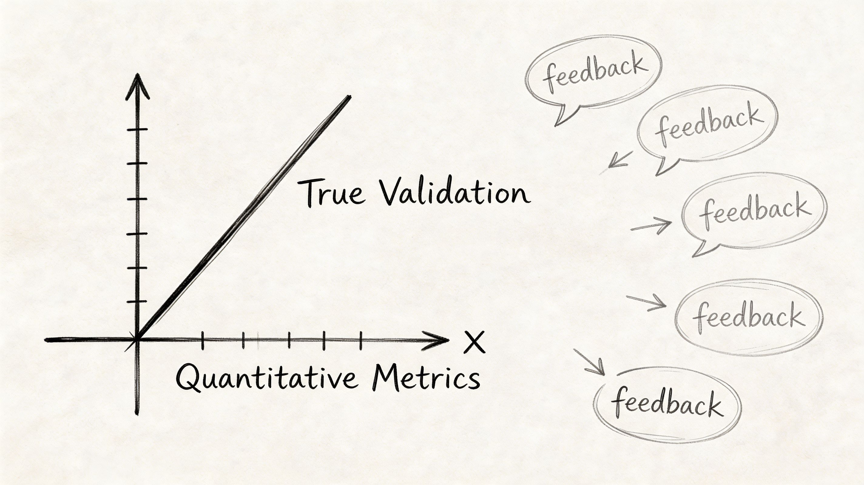 A hand-drawn sketch showing a graph relating Quantitative Metrics to True Validation with multiple feedback bubbles.