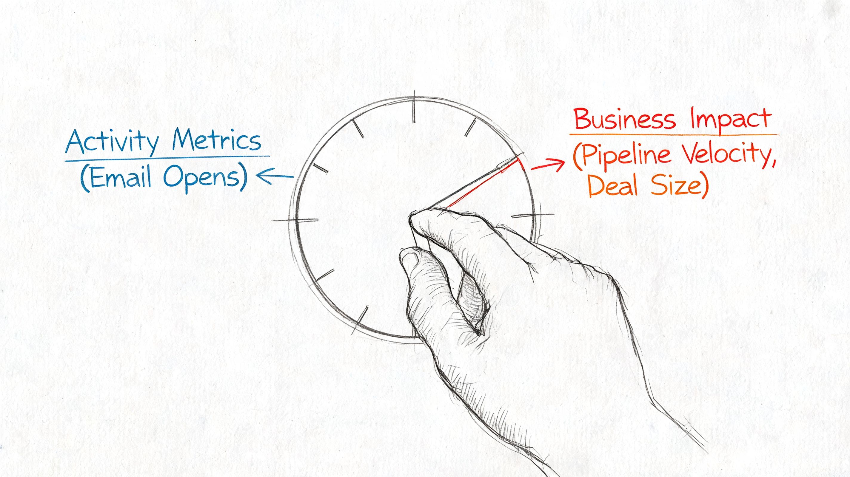 A hand adjusts a circular gauge connecting activity metrics like email opens to business impact outcomes.
