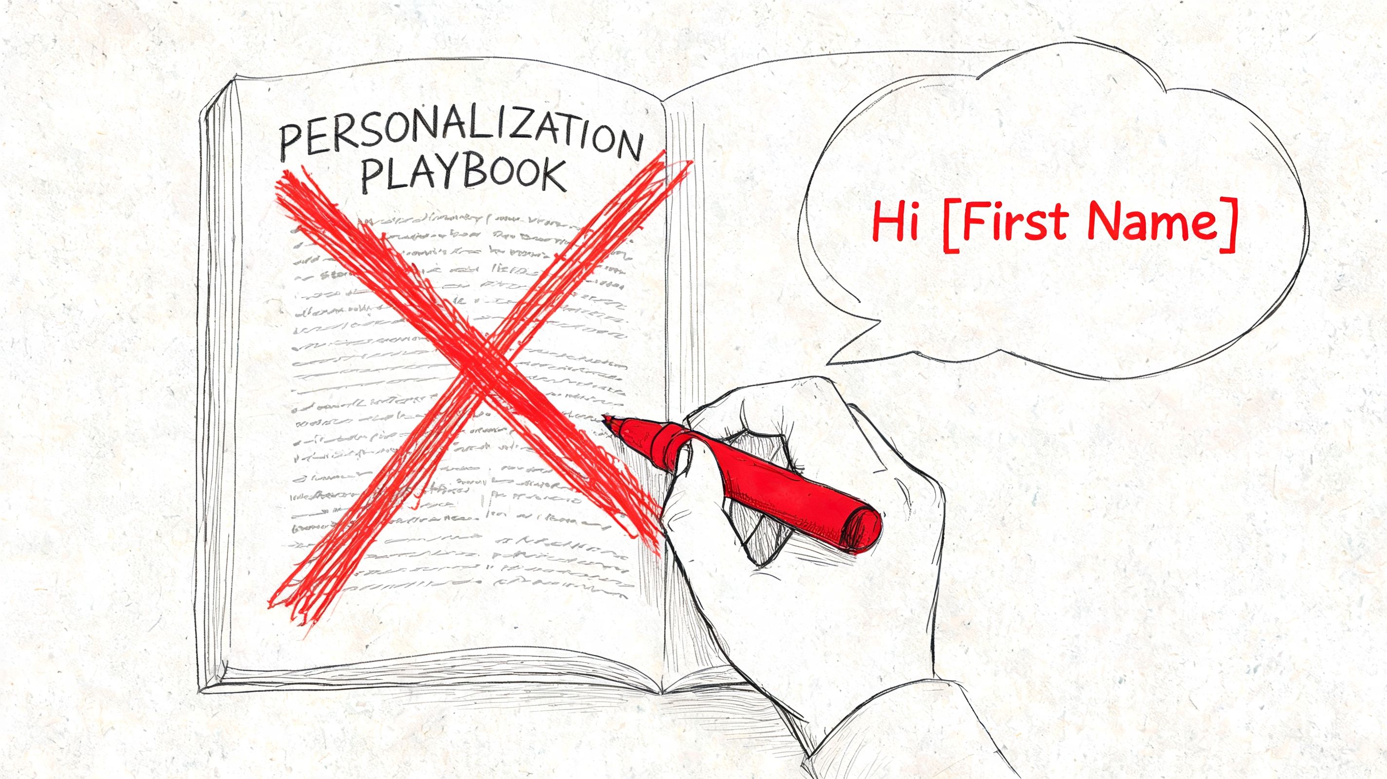 A hand crossing out the title Personalization Playbook with a red marker next to a speech bubble.