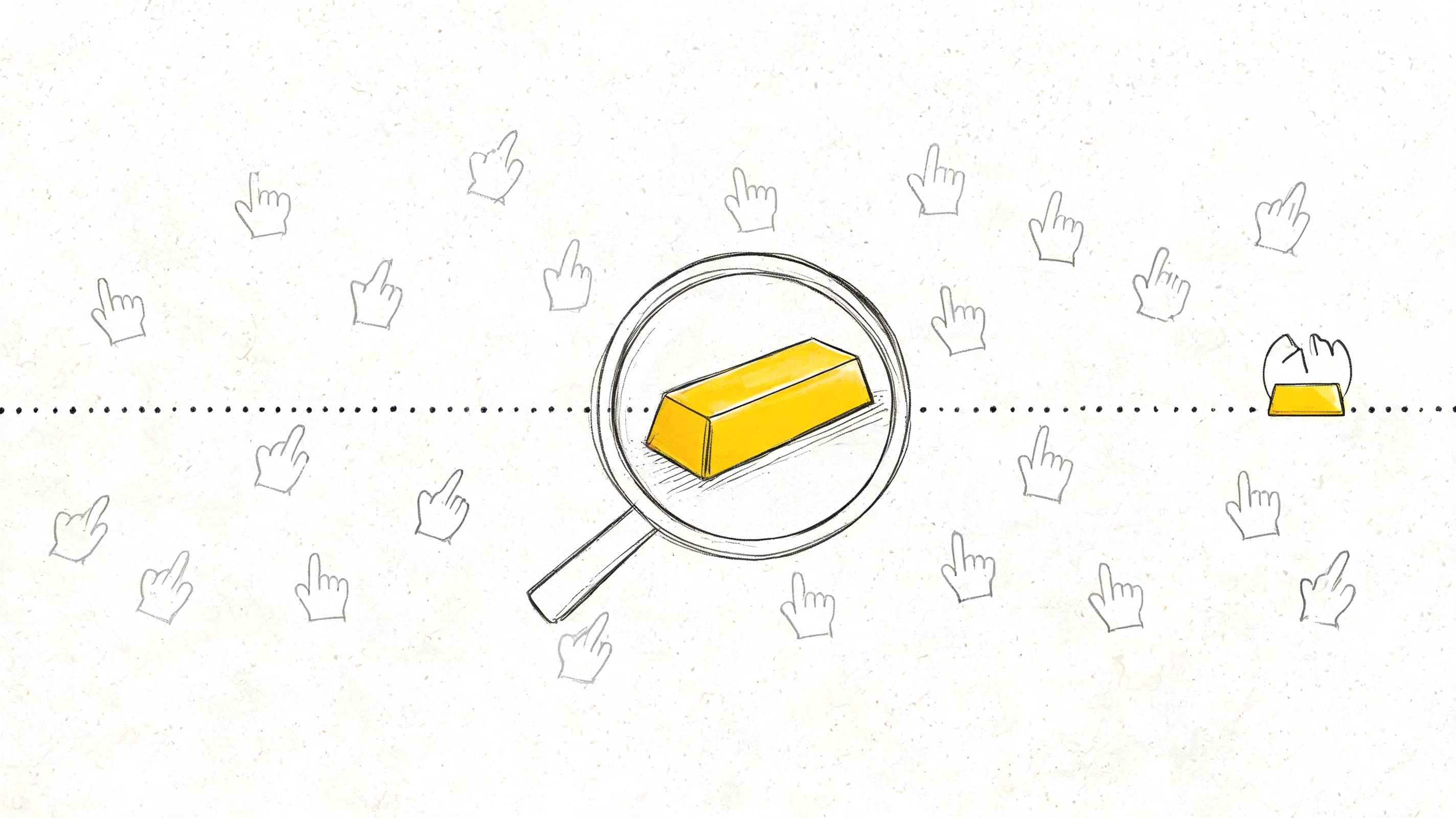 A magnifying glass focusing on a gold bar amidst several sketched cursor icons on white background.