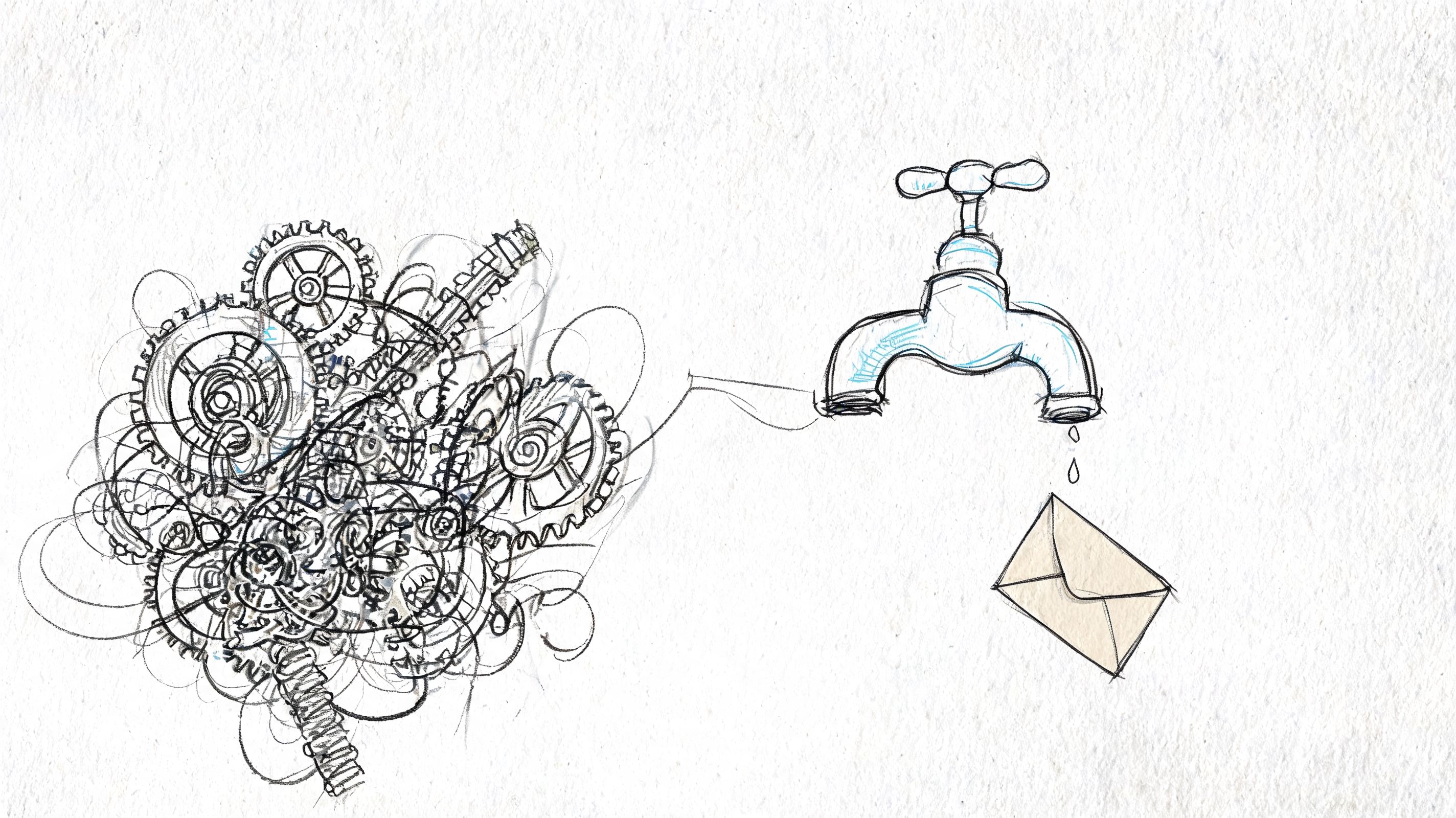 A conceptual sketch showing a complex gear mechanism connected to a faucet dripping an envelope icon.