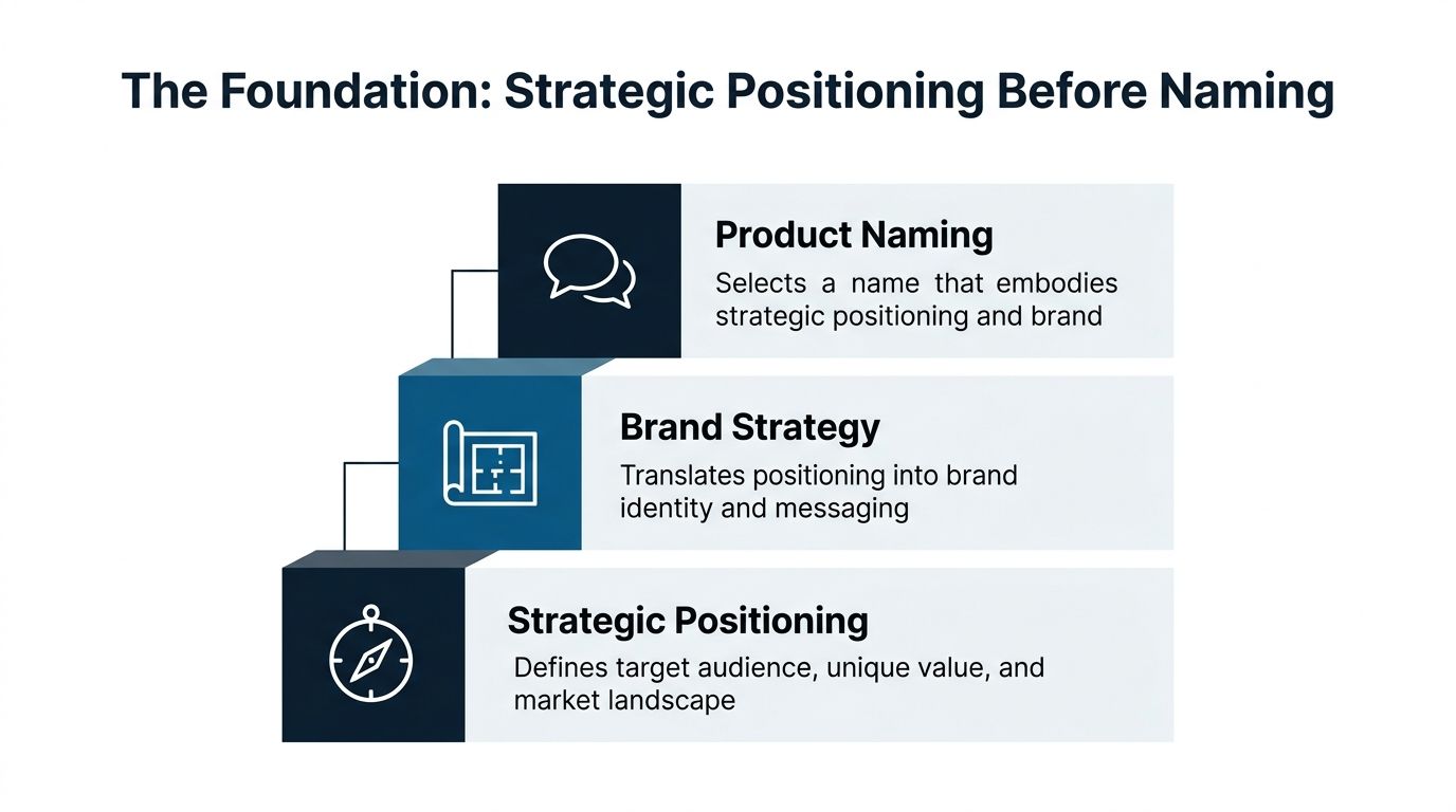 A diagram illustrating the three steps of branding: strategic positioning, brand strategy, and product naming.