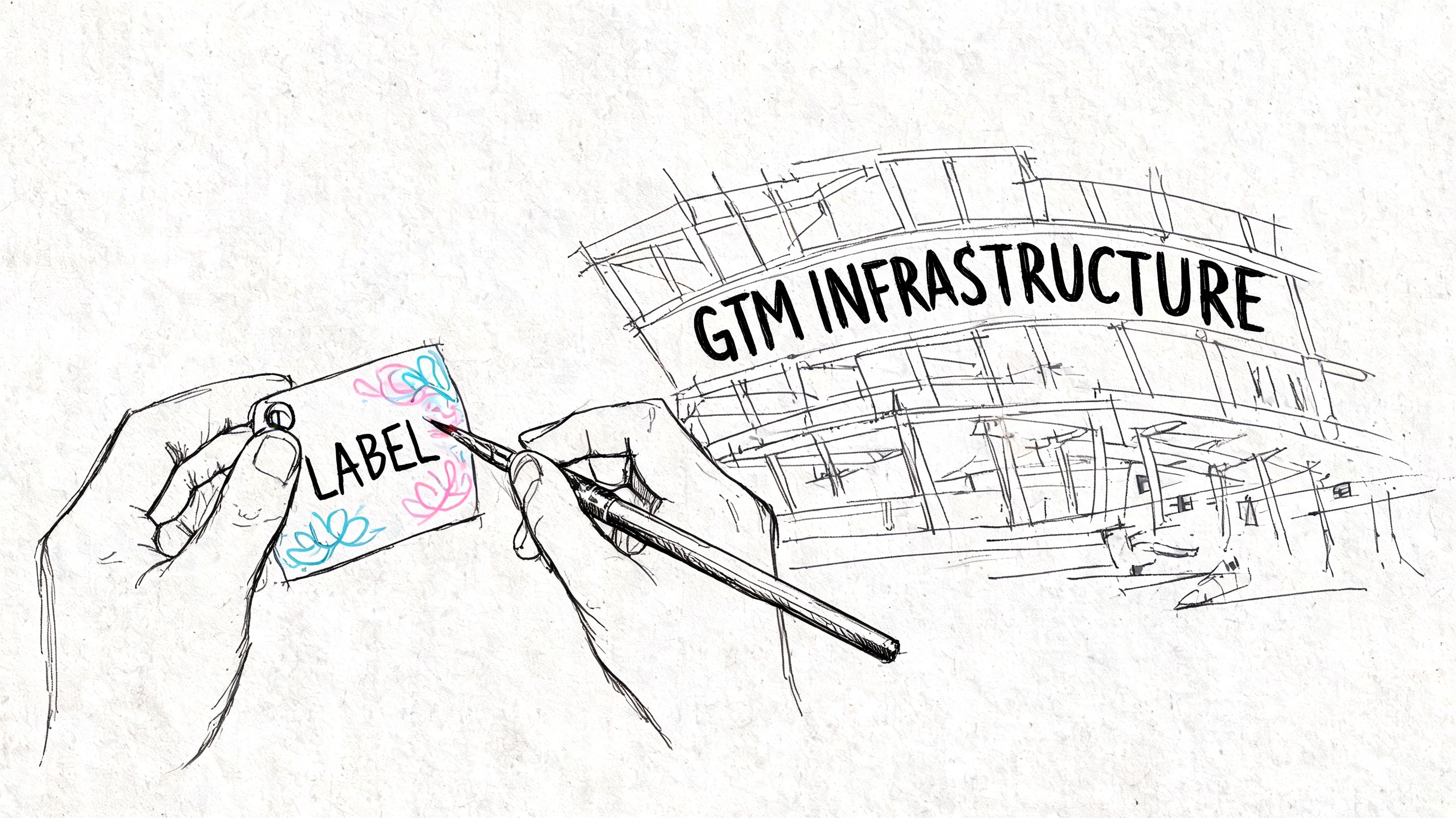 A hand-drawn illustration showing a person writing a label in front of a GTM infrastructure sketch.