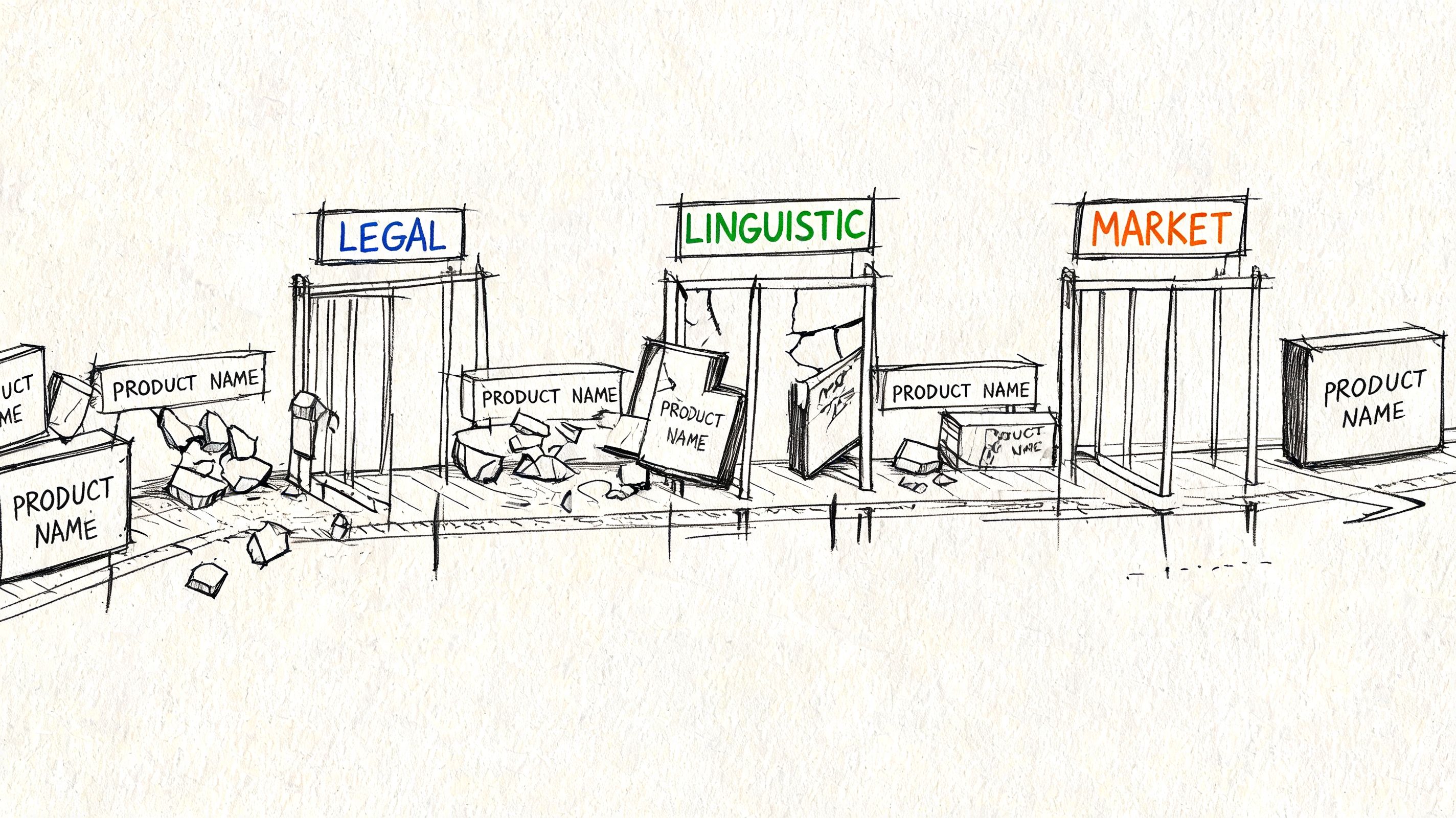Sketch drawing illustrating legal, linguistic, and market challenges during the process of branding a product name.