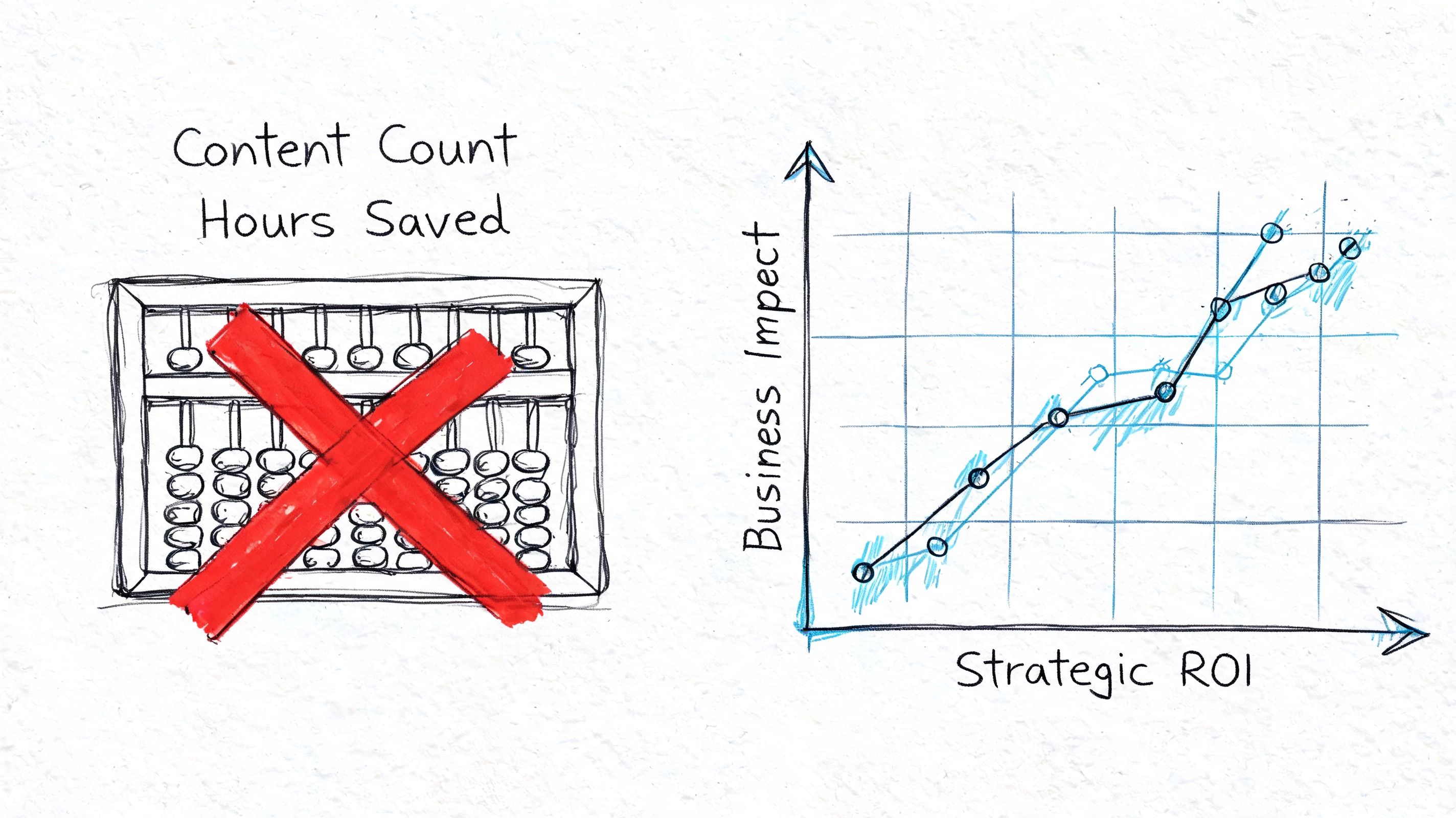 A hand-drawn illustration contrasting outdated manual counting with modern strategic business growth and ROI analytics.