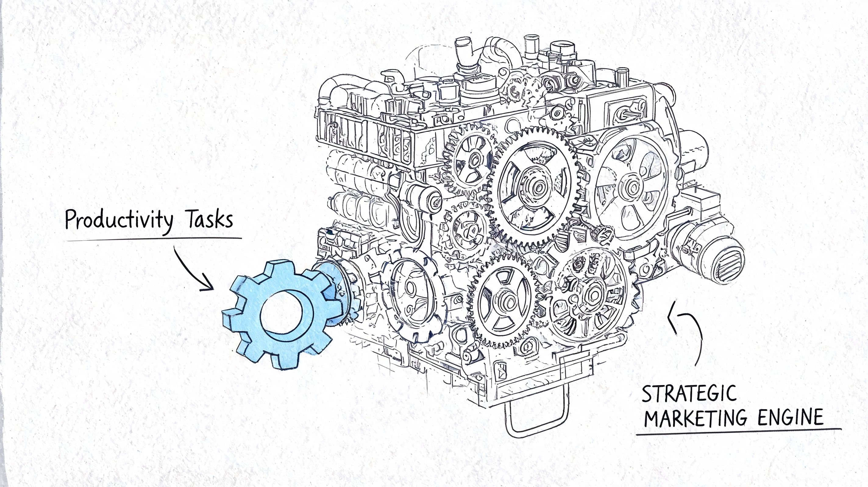 A conceptual illustration showing a single blue gear connecting to a complex mechanical engine labeled strategic marketing.