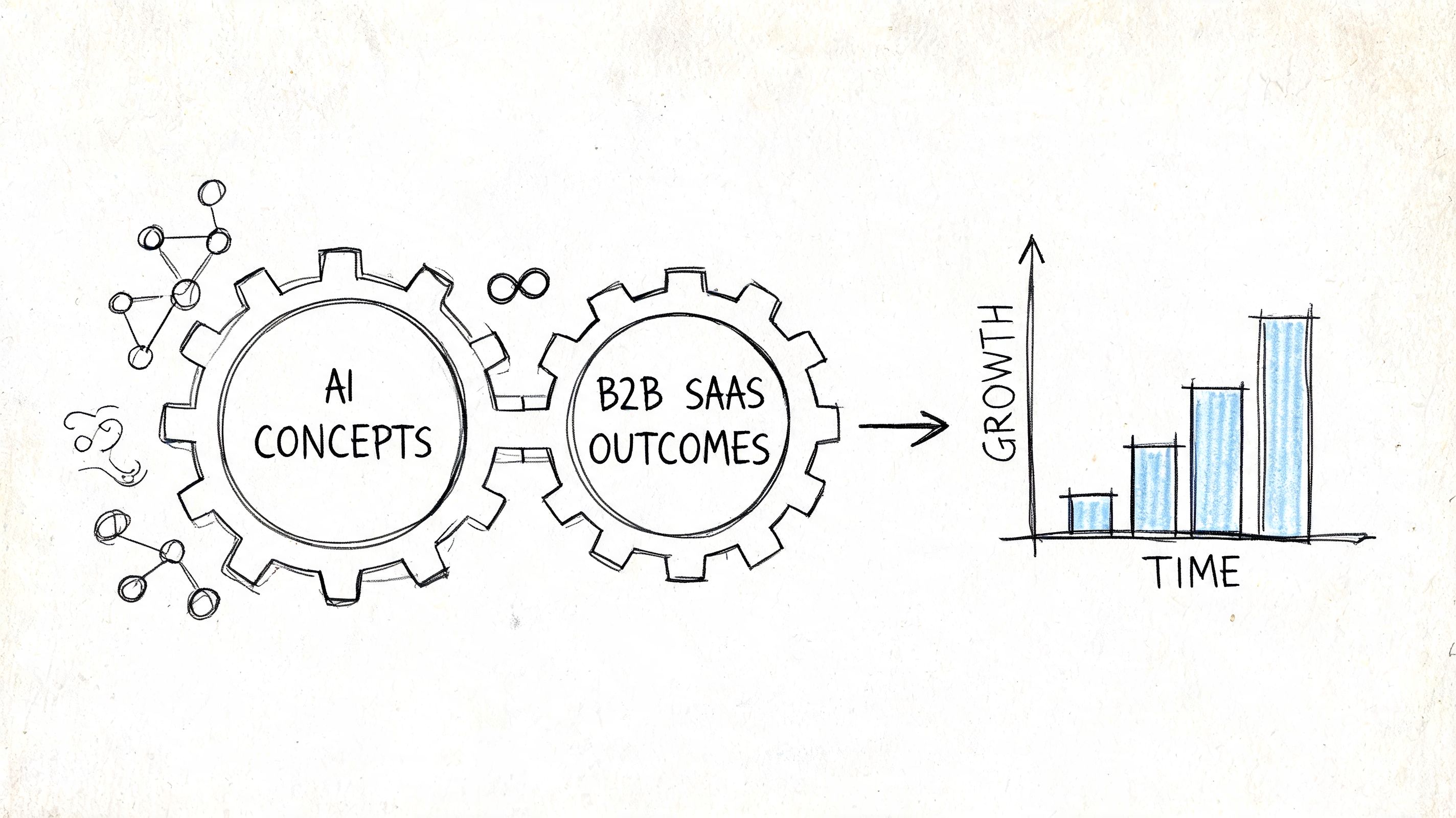 A hand-drawn illustration depicting AI concepts driving B2B SaaS outcomes to achieve business growth over time.
