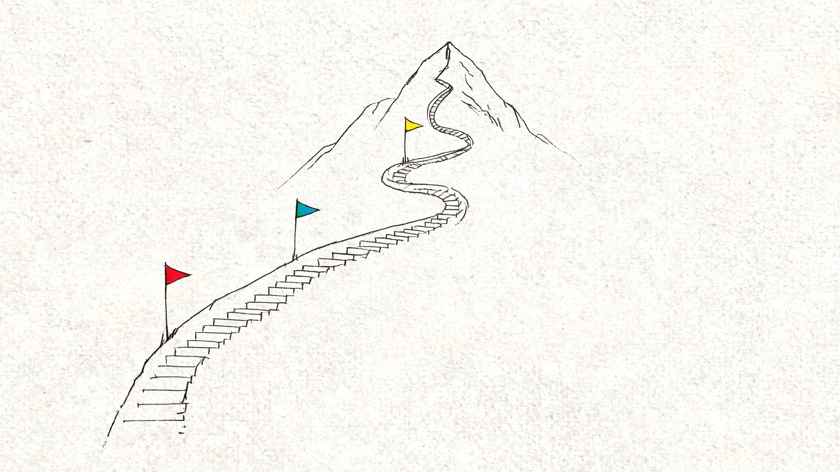 A hand-drawn sketch showing a staircase winding up a mountain to the peak with three colored flags.