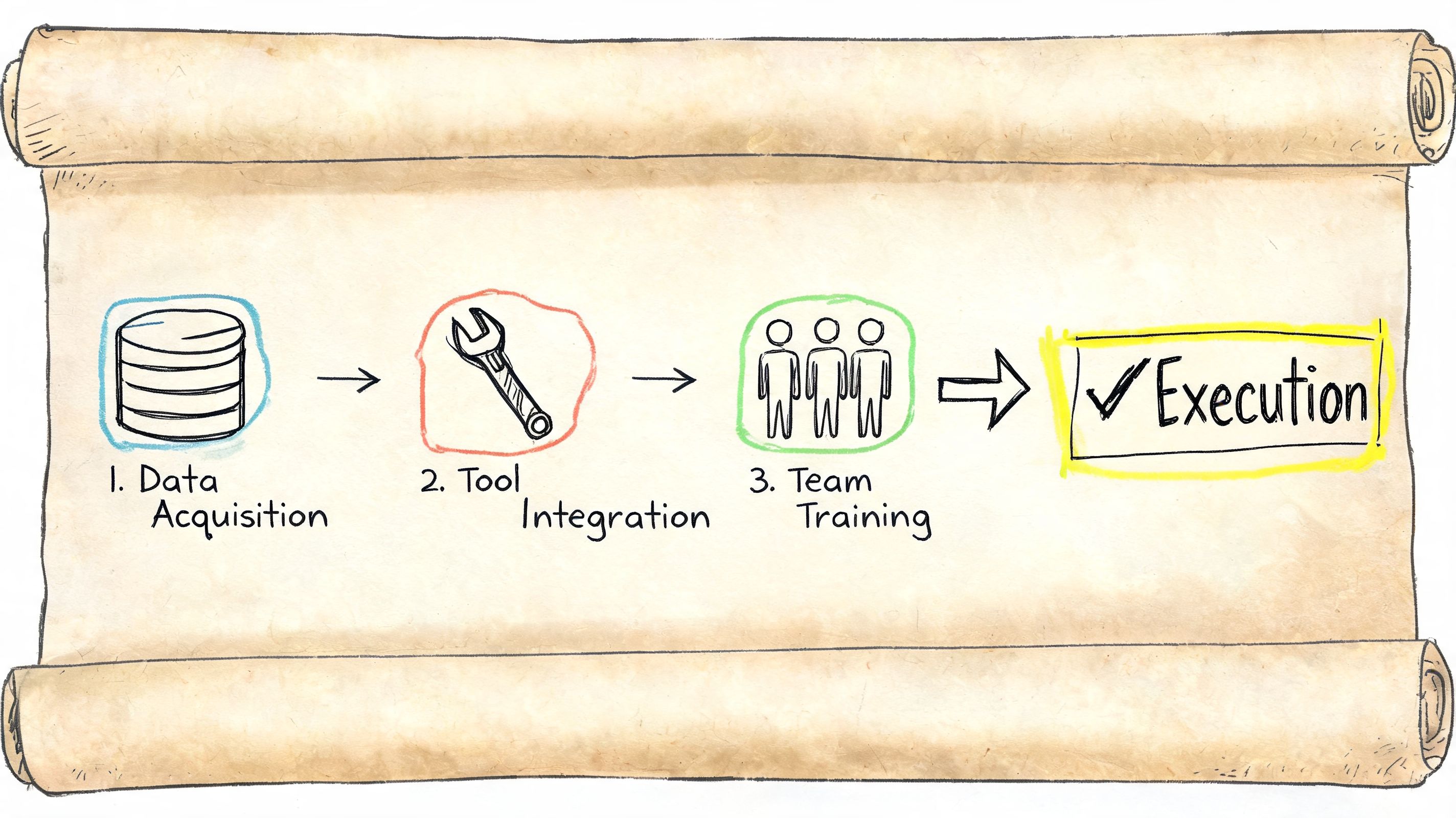 A hand-drawn scroll illustration depicting a four-step process for artificial intelligence implementation including data, tools, and training.