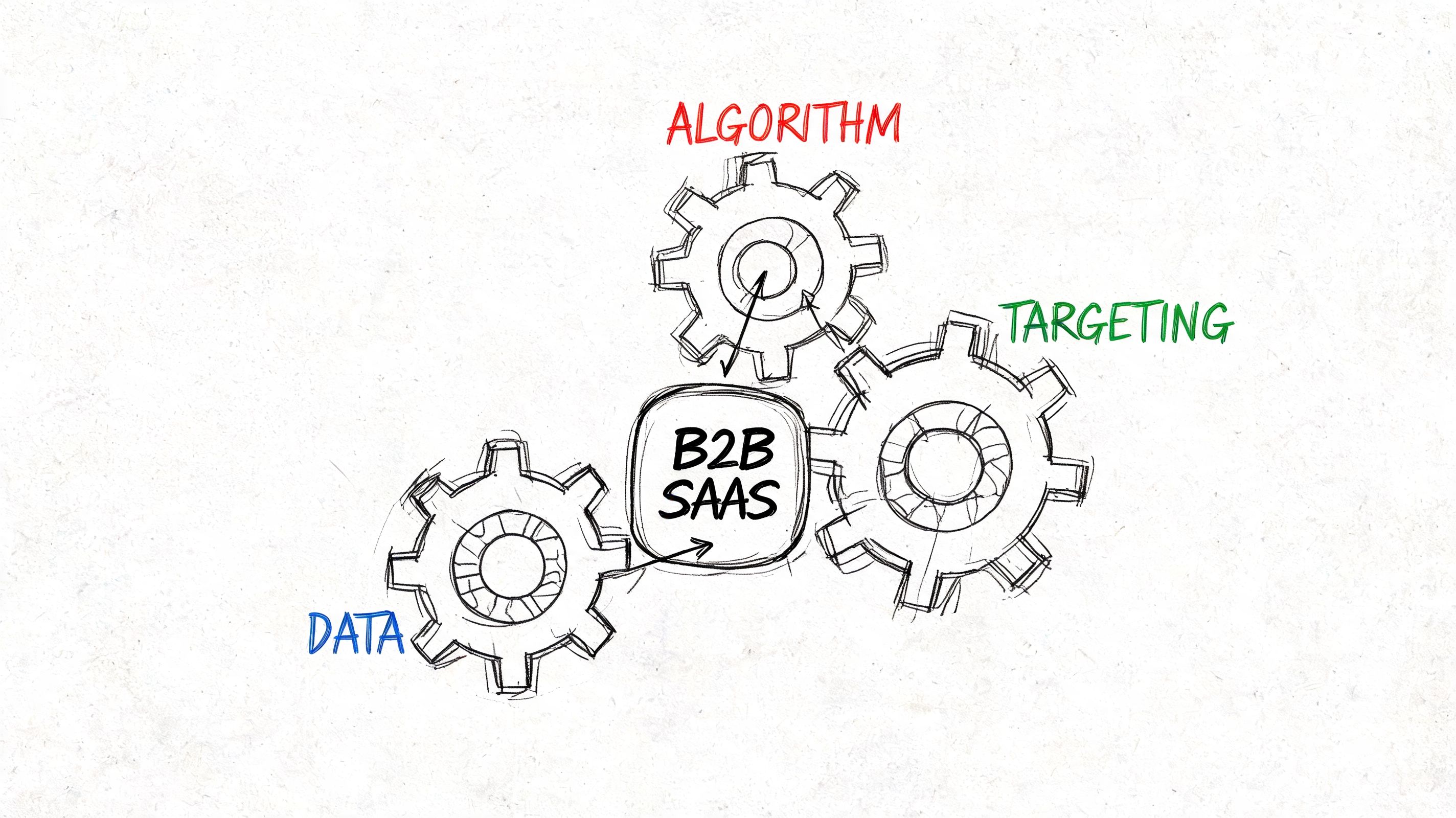A hand-drawn sketch of three interlocking gears representing data, algorithm, and targeting for a B2B SaaS platform.