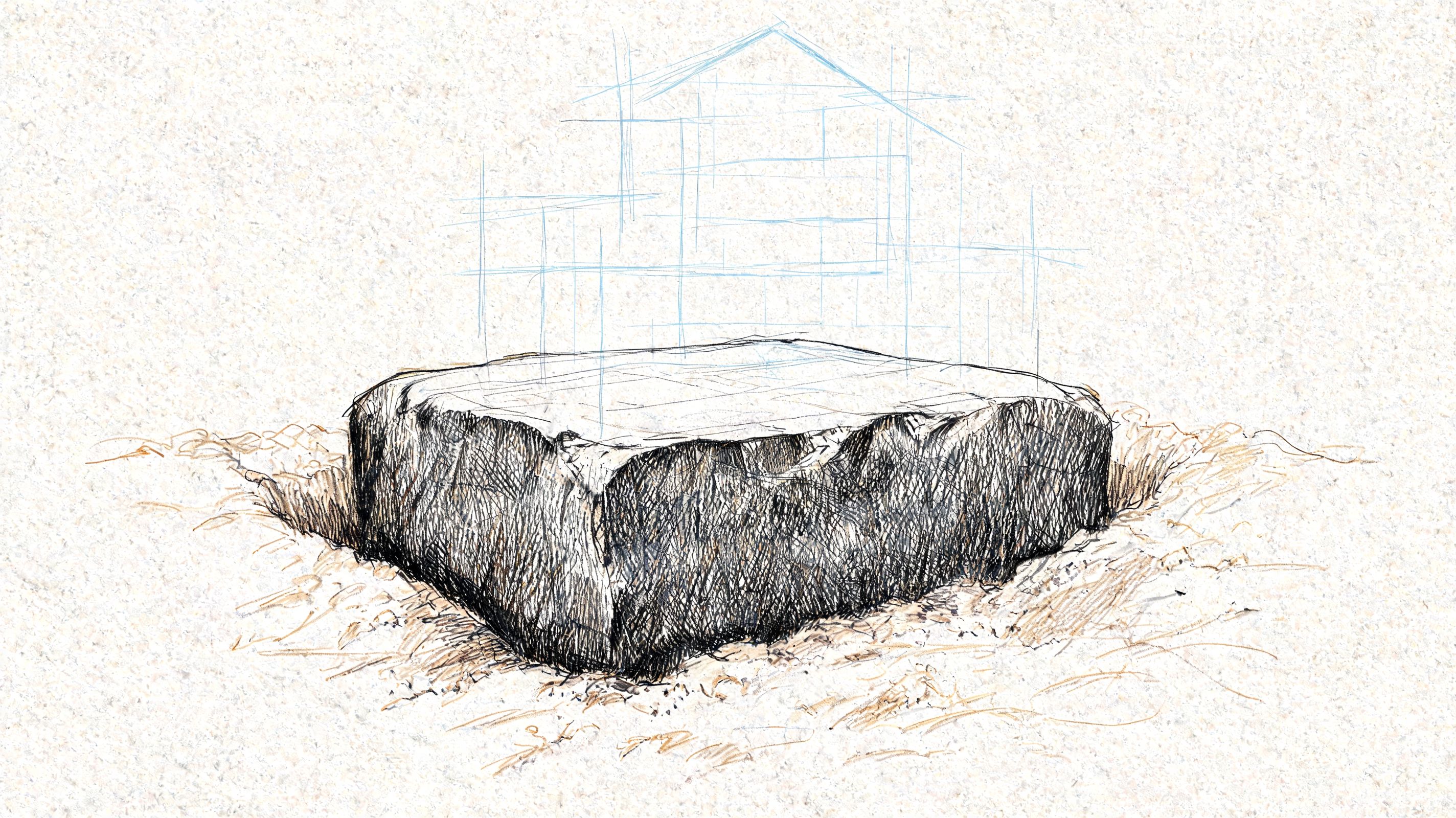 A conceptual sketch showing a heavy stone foundation with a light blue outlined house frame above.