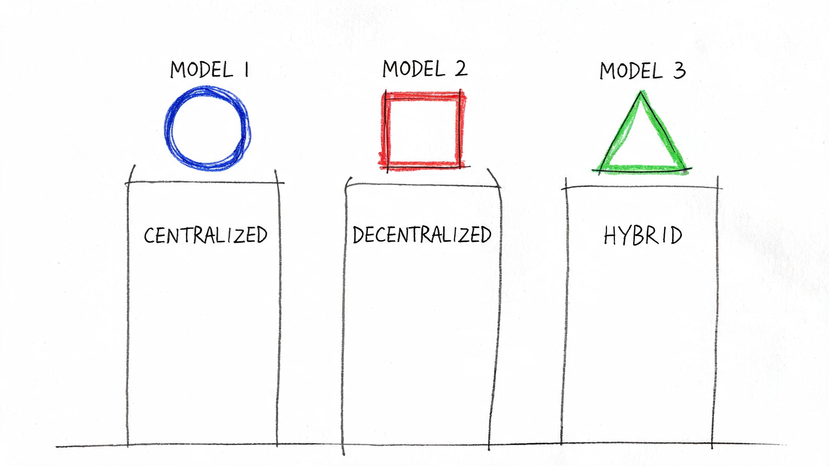 A diagram comparing three different business organizational structures labeled as centralized, decentralized, and hybrid models.