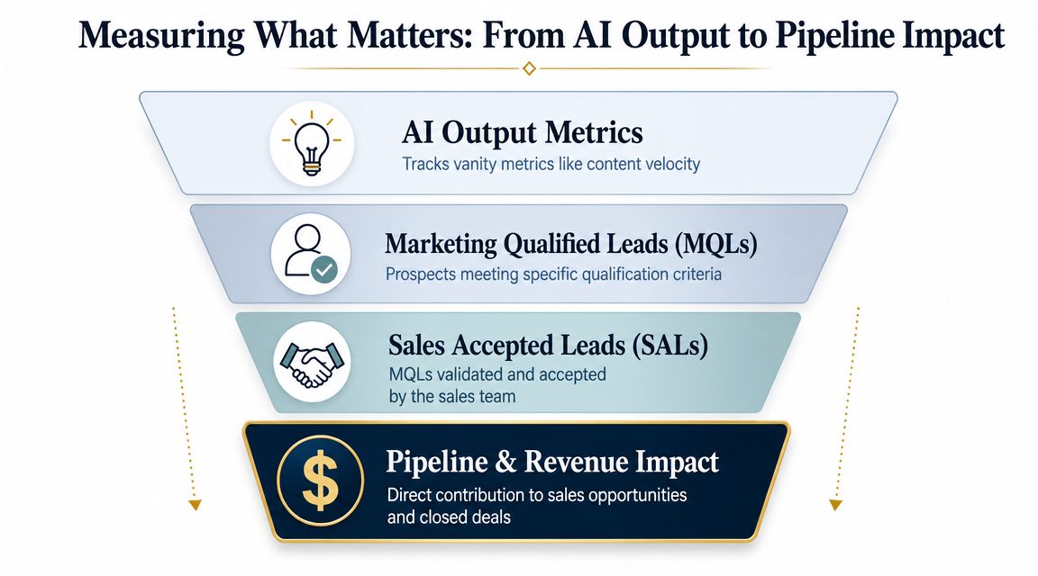 A funnel diagram illustrating the progression from AI content output metrics to direct sales and revenue impact.