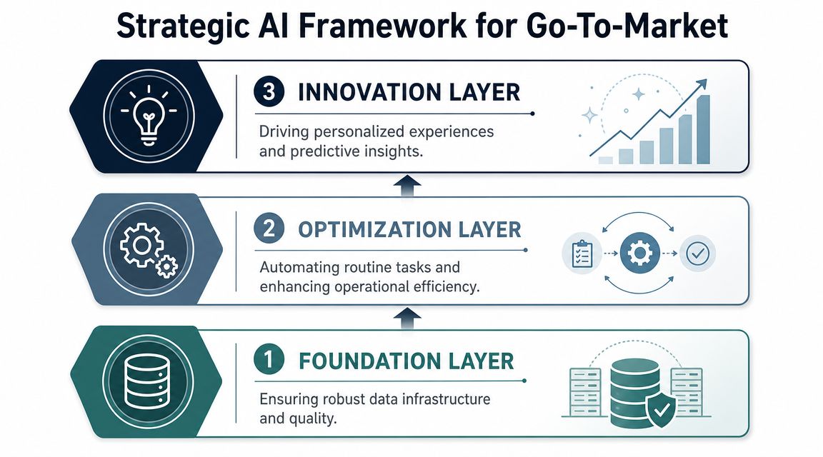 A diagram representing a three-layered strategic AI framework for go-to-market business operations.