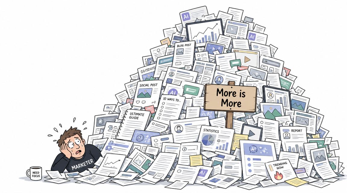 A stressed marketer overwhelmed by a huge mountain of digital marketing reports, social media posts, and content.