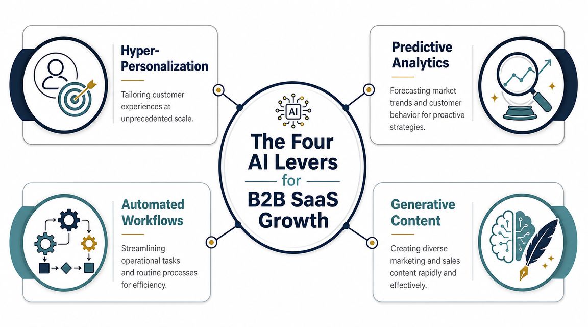 An infographic titled The Four AI Levers for B2B SaaS Growth, illustrating AI applications for business scaling.