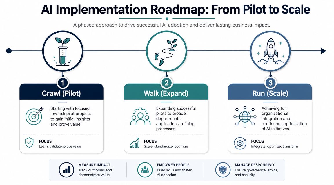 A roadmap diagram showing the three phases of AI implementation: Crawl, Walk, and Run.