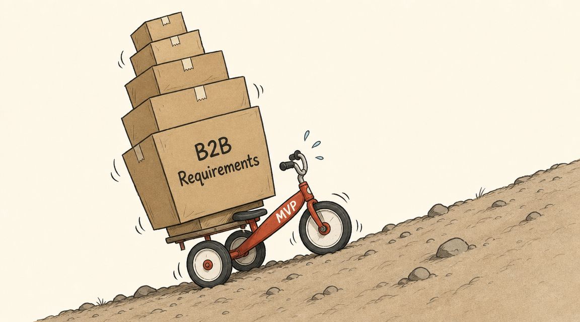 A red tricycle labeled MVP struggling to carry a large, heavy stack of B2B requirements boxes uphill.