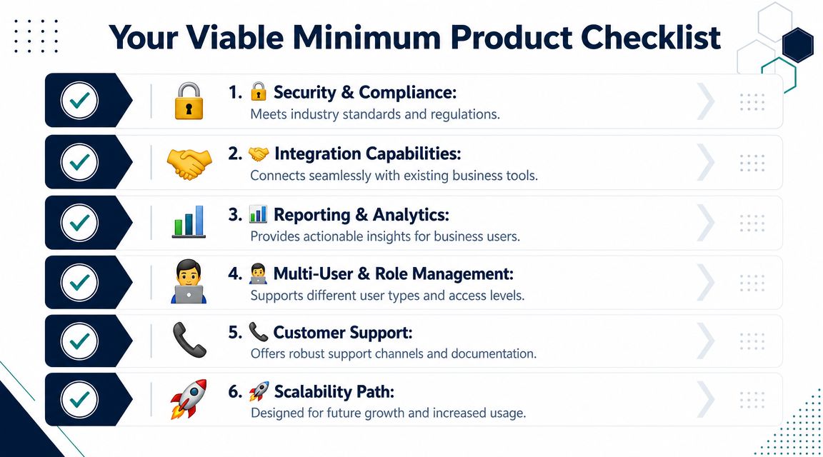 A checklist infographic titled Your Viable Minimum Product Checklist outlining six essential features for software development products.