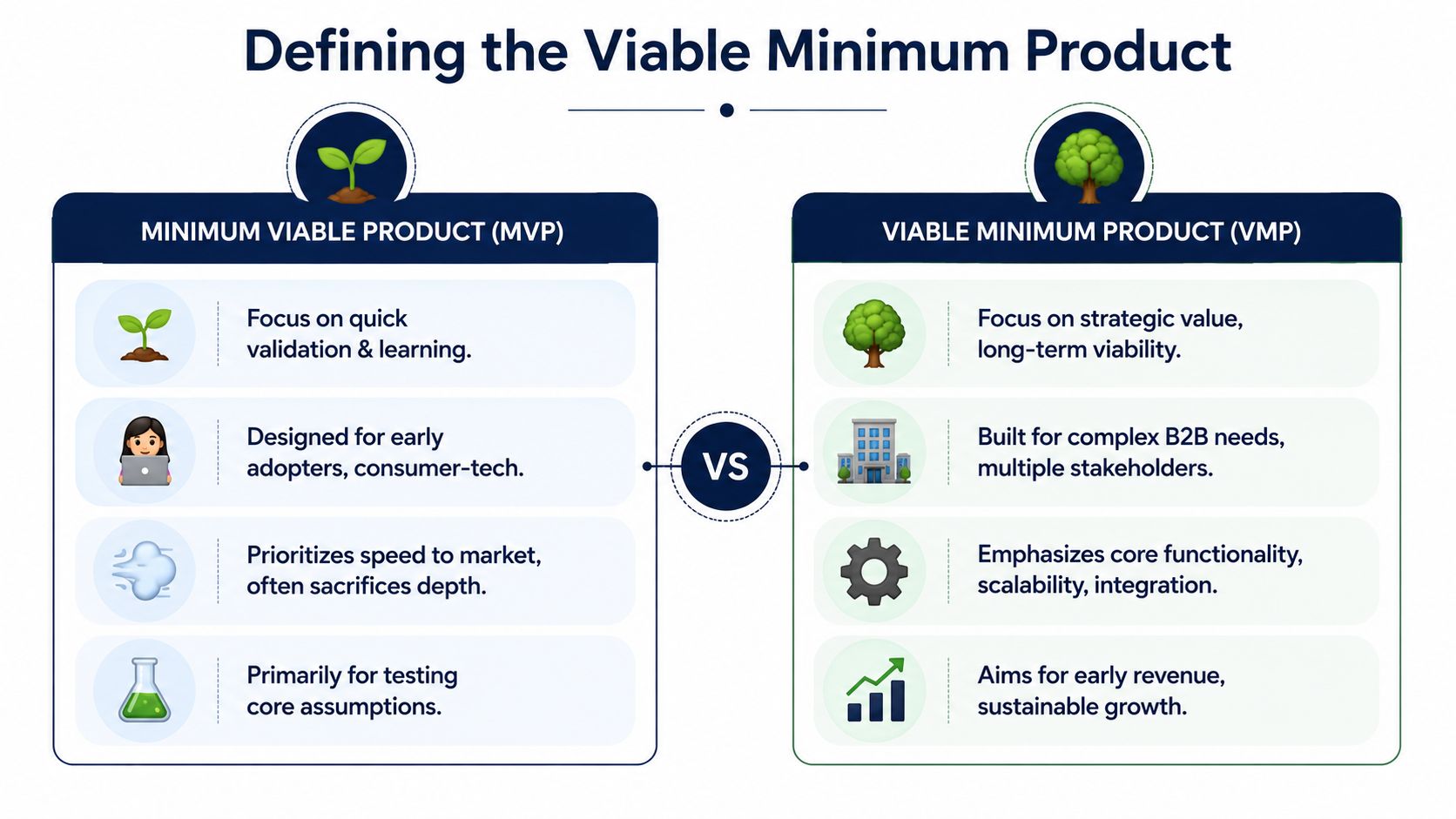 A comparison infographic between Minimum Viable Product (MVP) and Viable Minimum Product (VMP) development strategies.