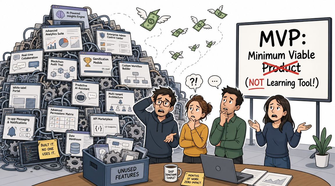 A team looks confused at a massive, complex software product instead of a simple MVP.