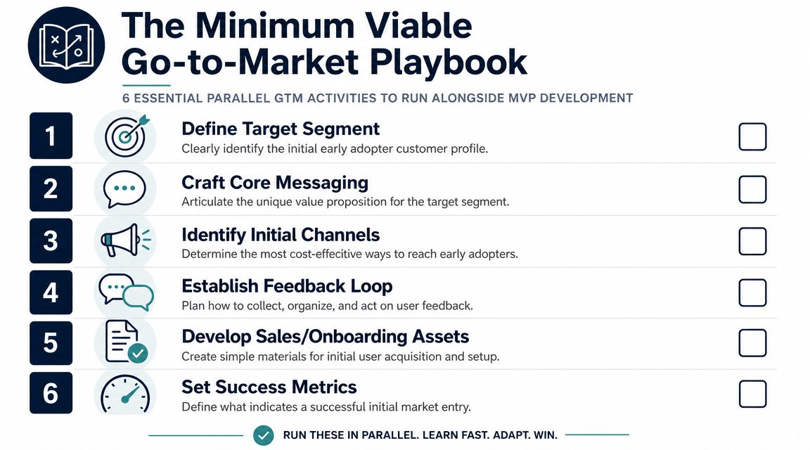 A checklist infographic titled The Minimum Viable Go-to-Market Playbook outlining six parallel steps for product launches.