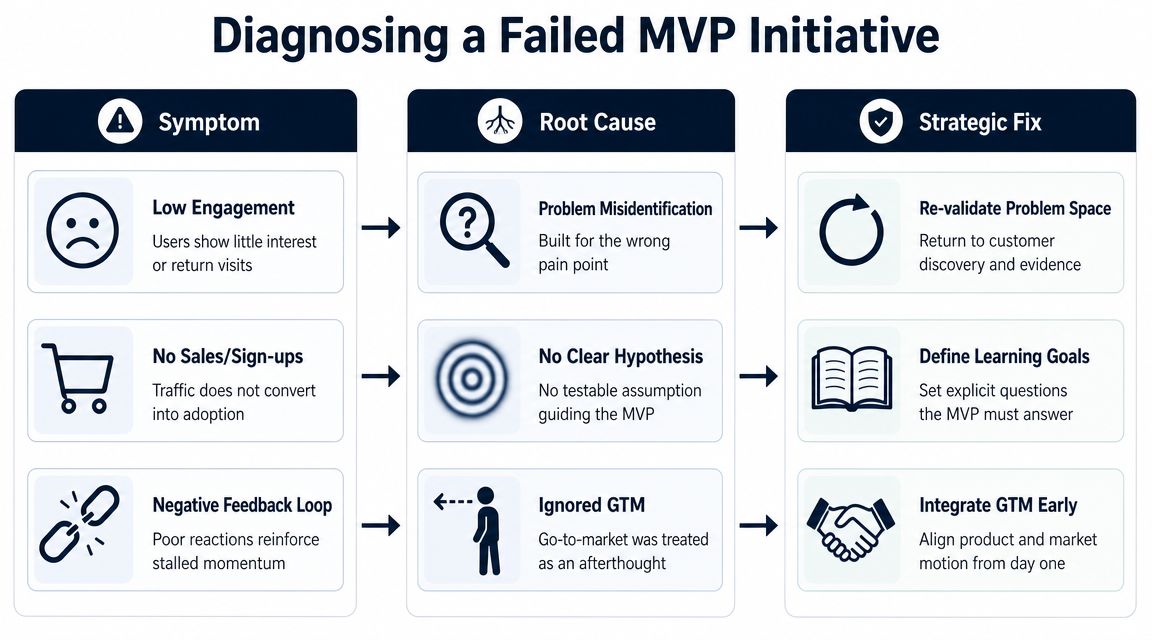 A diagnostic chart illustrating common symptoms, root causes, and strategic fixes for a failed MVP initiative.