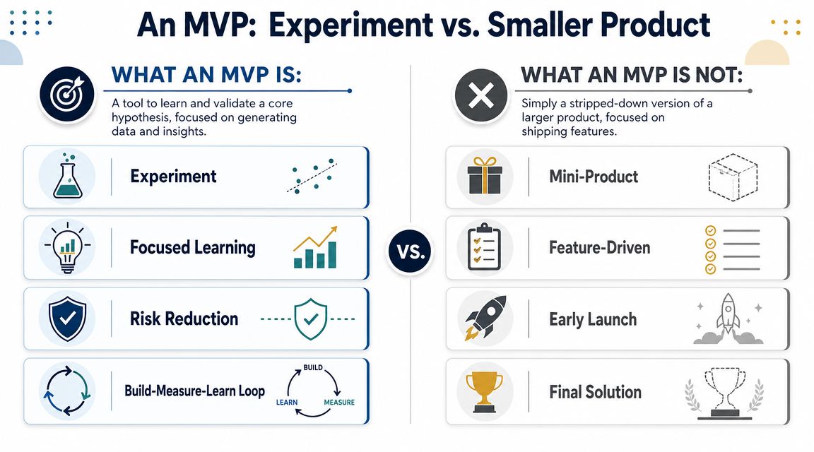 A comparison infographic explaining that a minimum viable product is an experiment, not a smaller product.
