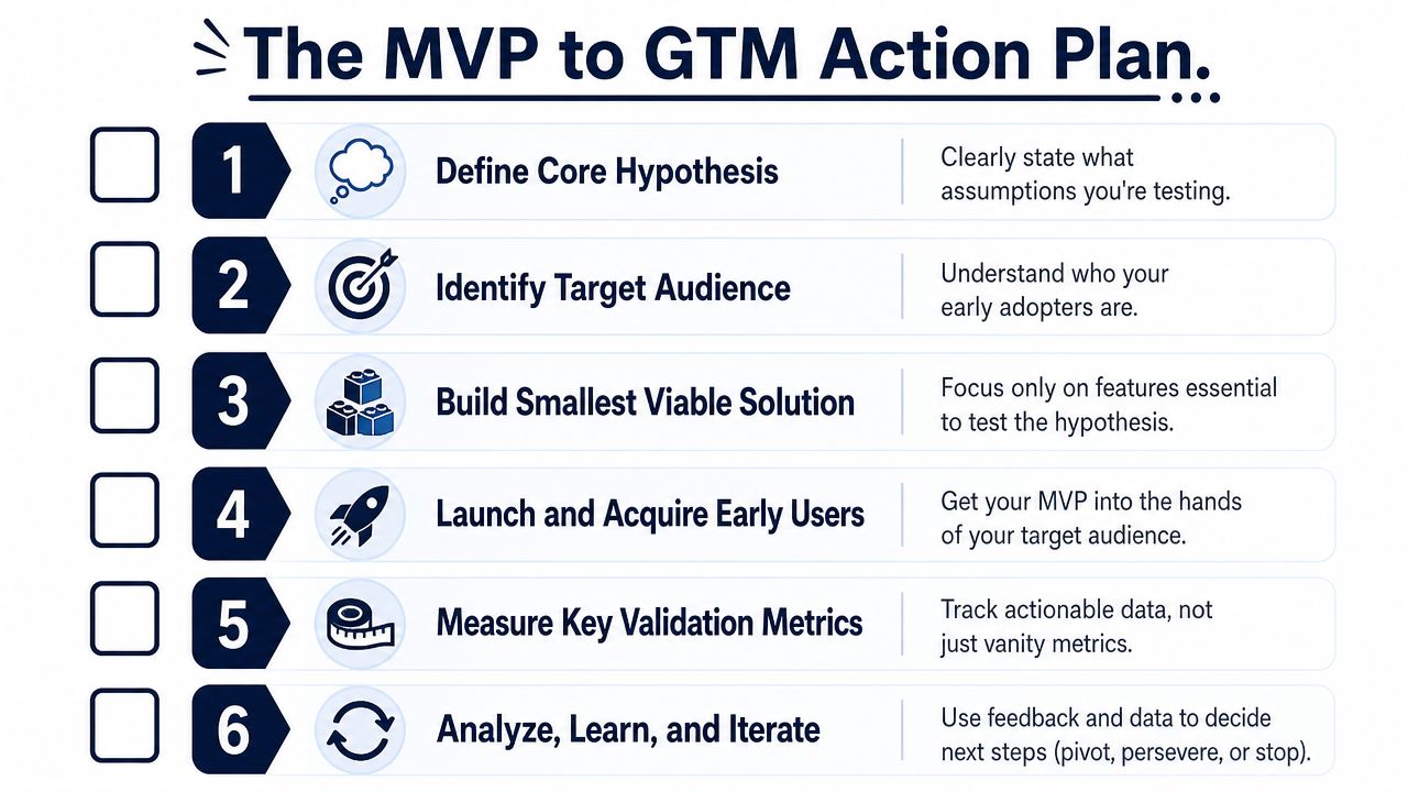 A checklist diagram outlining the six-step MVP to GTM action plan for product development and launch.