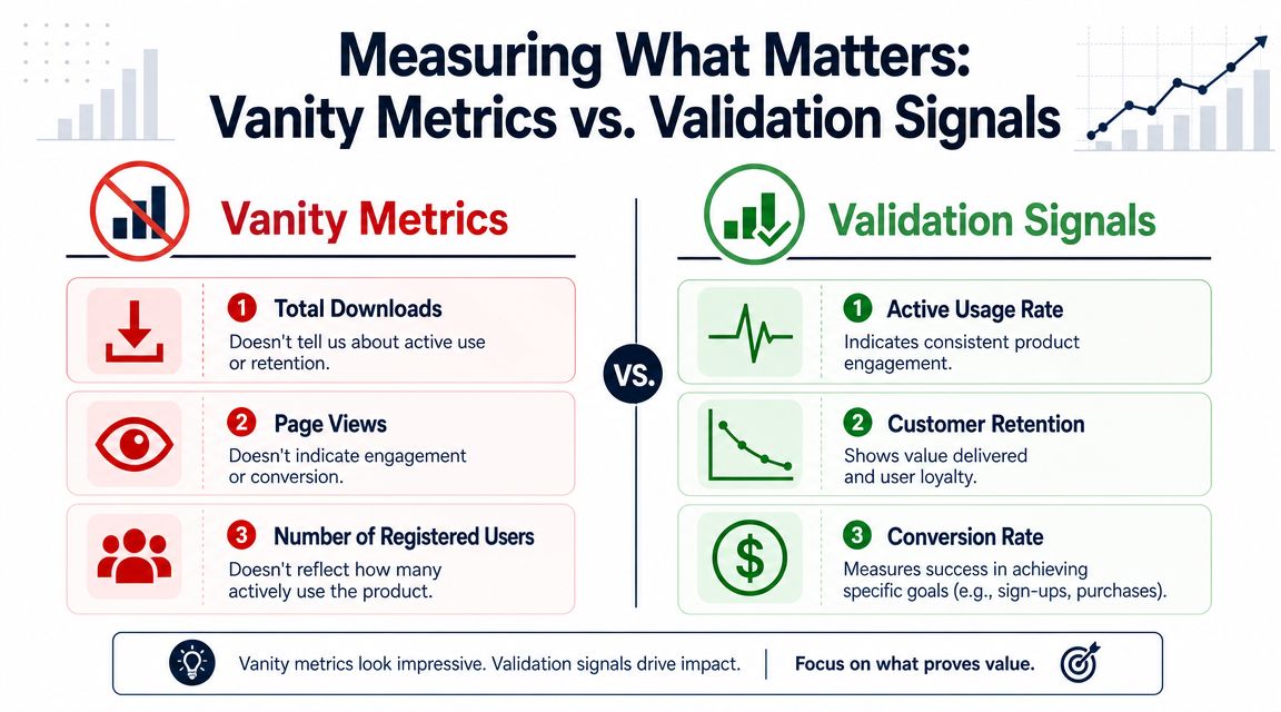 A comparison chart showing vanity metrics versus validation signals for measuring product success and business impact.