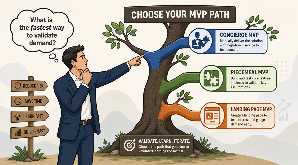 A businessman choosing between three paths for an MVP to validate business demand quickly.