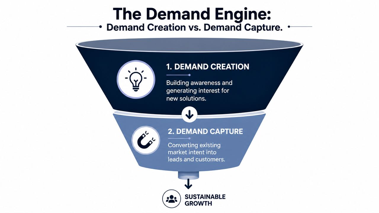 A funnel diagram illustrating the concept of a demand engine comparing demand creation and demand capture processes.