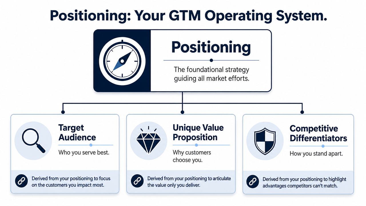 A diagram illustrating positioning as a GTM operating system comprised of target audience, unique value, and differentiators.
