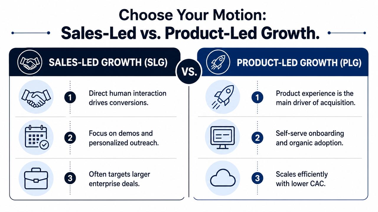 A comparison chart explaining the core differences between sales-led growth and product-led growth strategies for businesses.