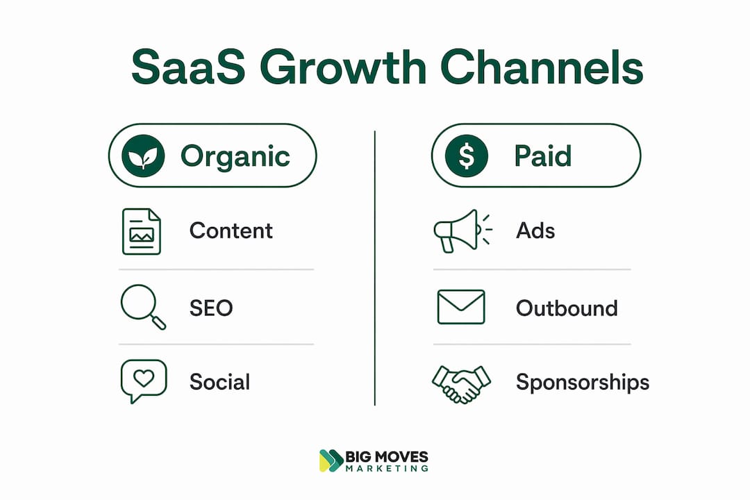 Infographic comparing organic vs paid SaaS growth channels